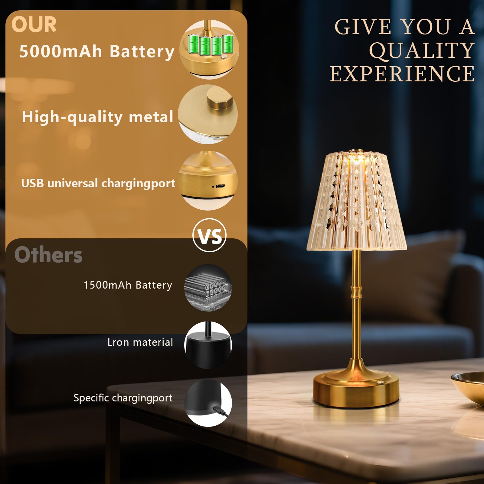 Gkeiten Touch Cordless Table Lamp Rechargeable  3600Mah Battery Operated Small Crystal Lamp  3 Color Dimmable Vintage Gold Table Light For Bedroom/Kitchen/Gift For Home D?Cor ((stylish Style)