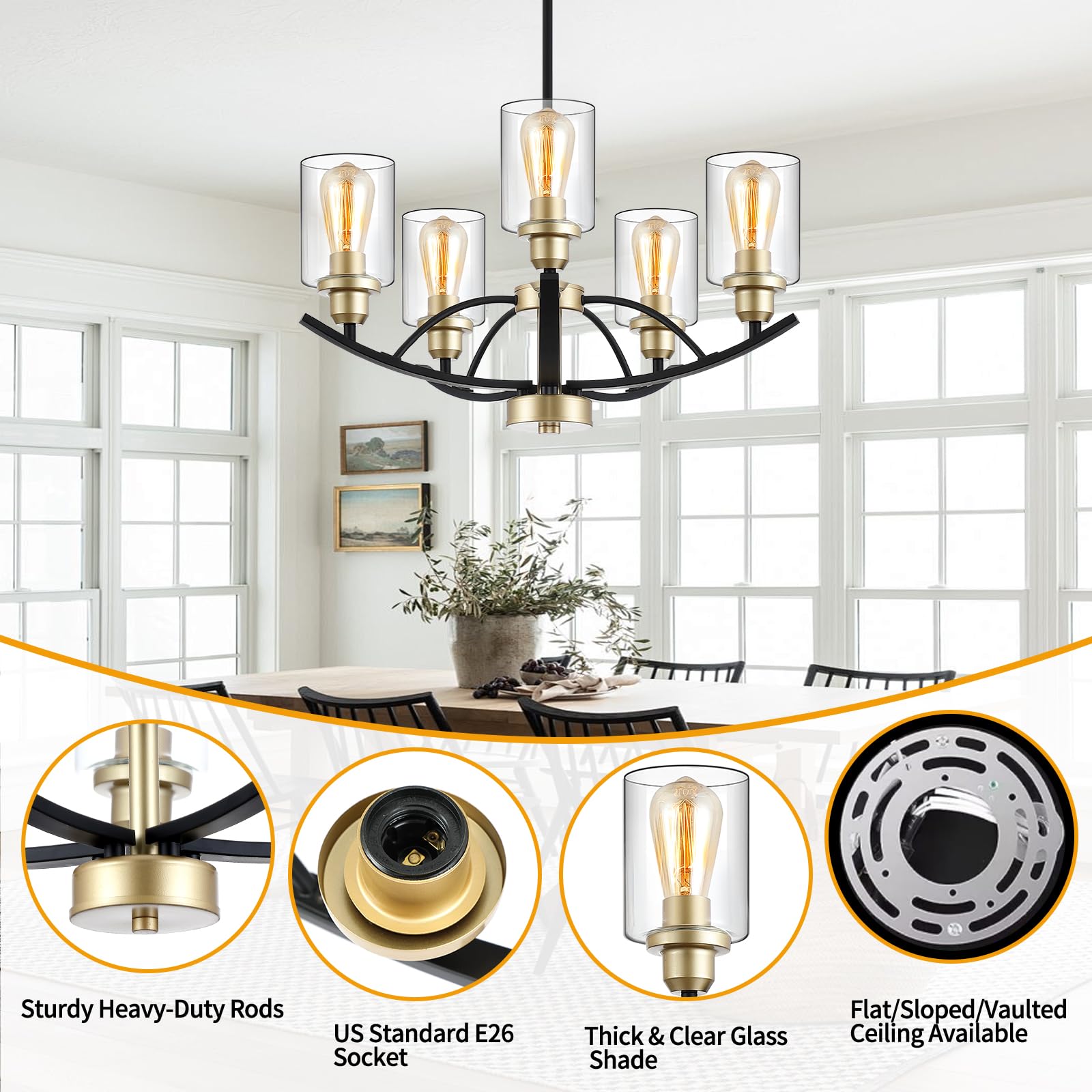 9MMML 5-Light Glass Chandelier, Wrought Iron Pendant Light, 22.8", Black+Gold Finish for Kitchen Island, Dining & Living Room