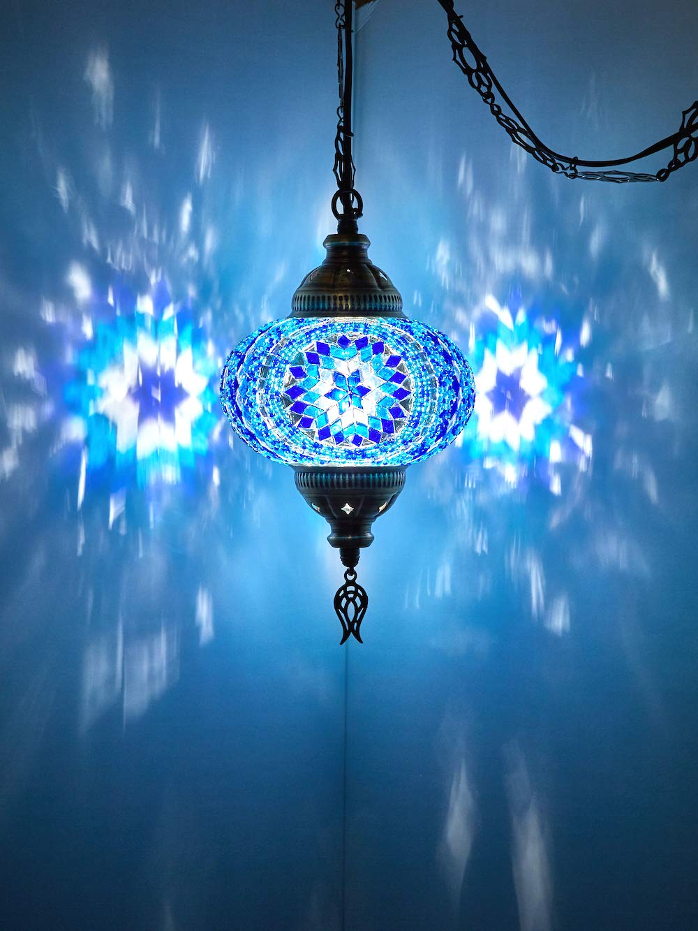 DEMMEX Plug-in Pendant Light – Handcrafted Glass Swag Lamp, Vintage Tiffany Style, 15ft Cord, Blue, Model DEMMEXSWAG1
