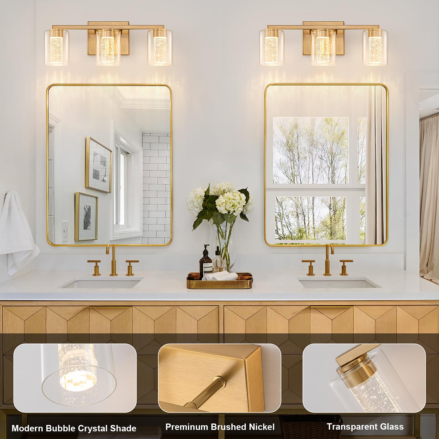 SineRise 3-Light Vanity Light, Dimmable LED, Gold, Eye Protection, Clear Glass Shade, Model 3676c136-a32e-409c-bd40-693cc