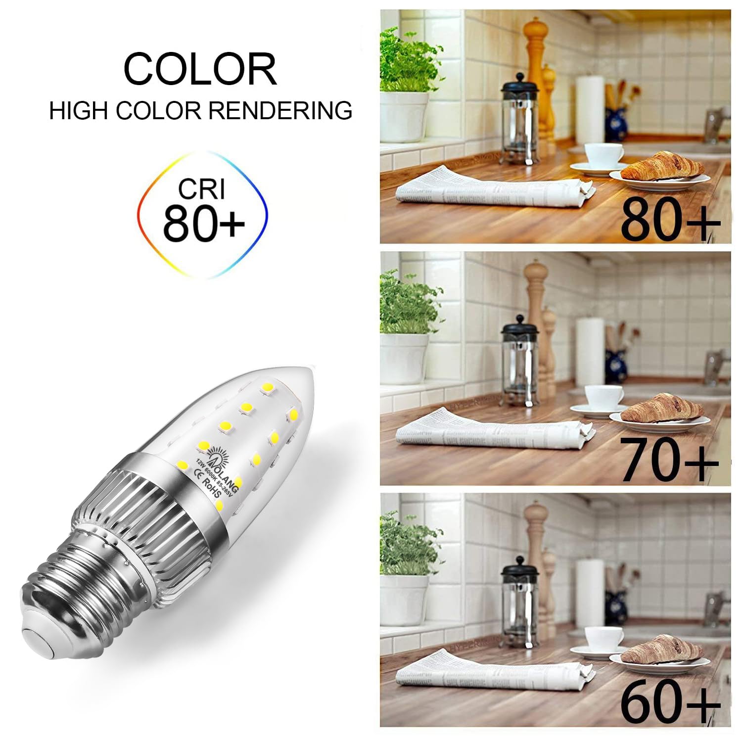 Aolang E26 Led Candelabra Bulb, 12W Led Candle Bulbs,100-Watt Light Bulbs Equivalent, Daylight White 6000K Chandelier Bulbs, E26