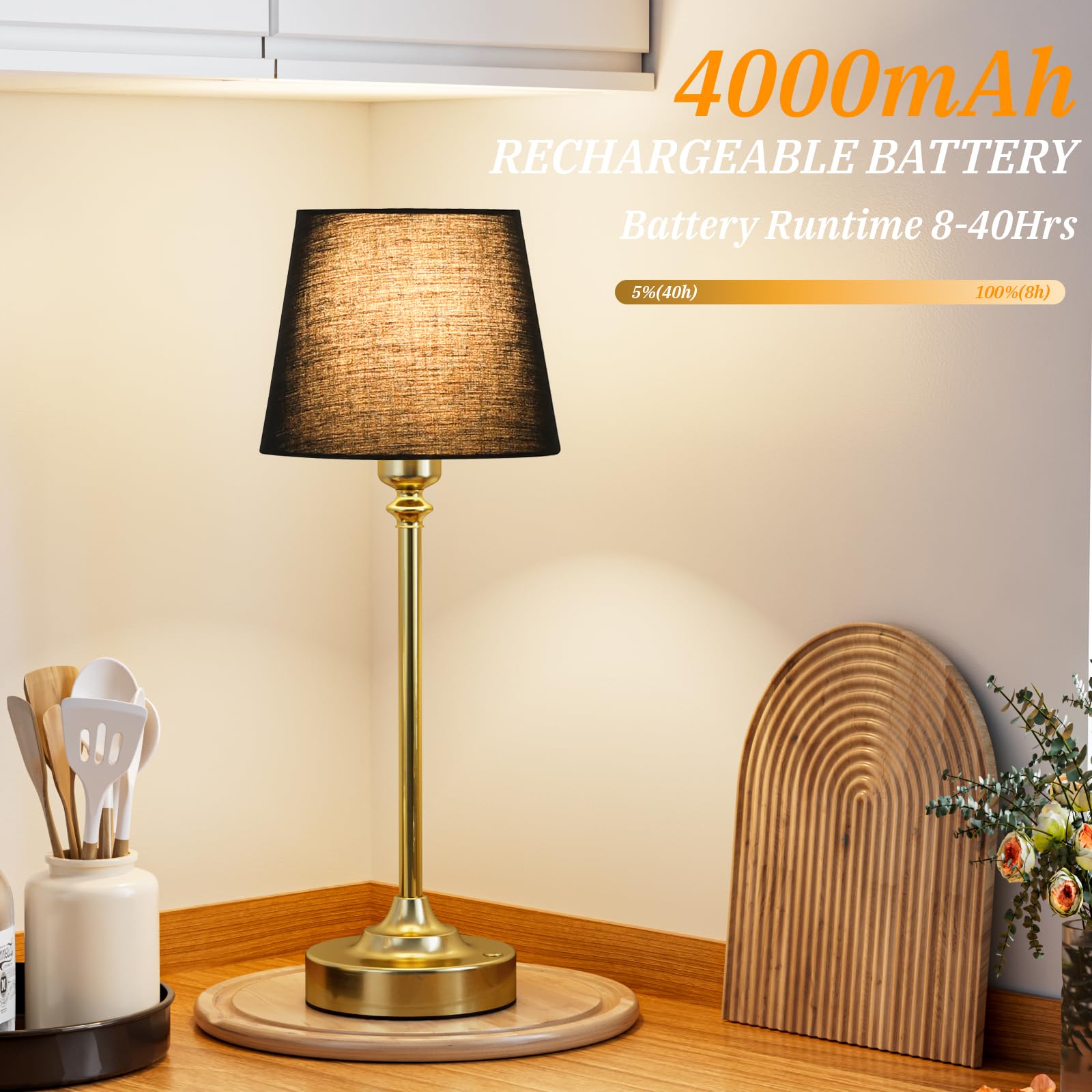 Cordless Table Lamps Rechargeable Set - 2 Pack Brass 4000Mah Battery Operated Lamps For Decor, 3000K Stepless Dimming Touch Cont