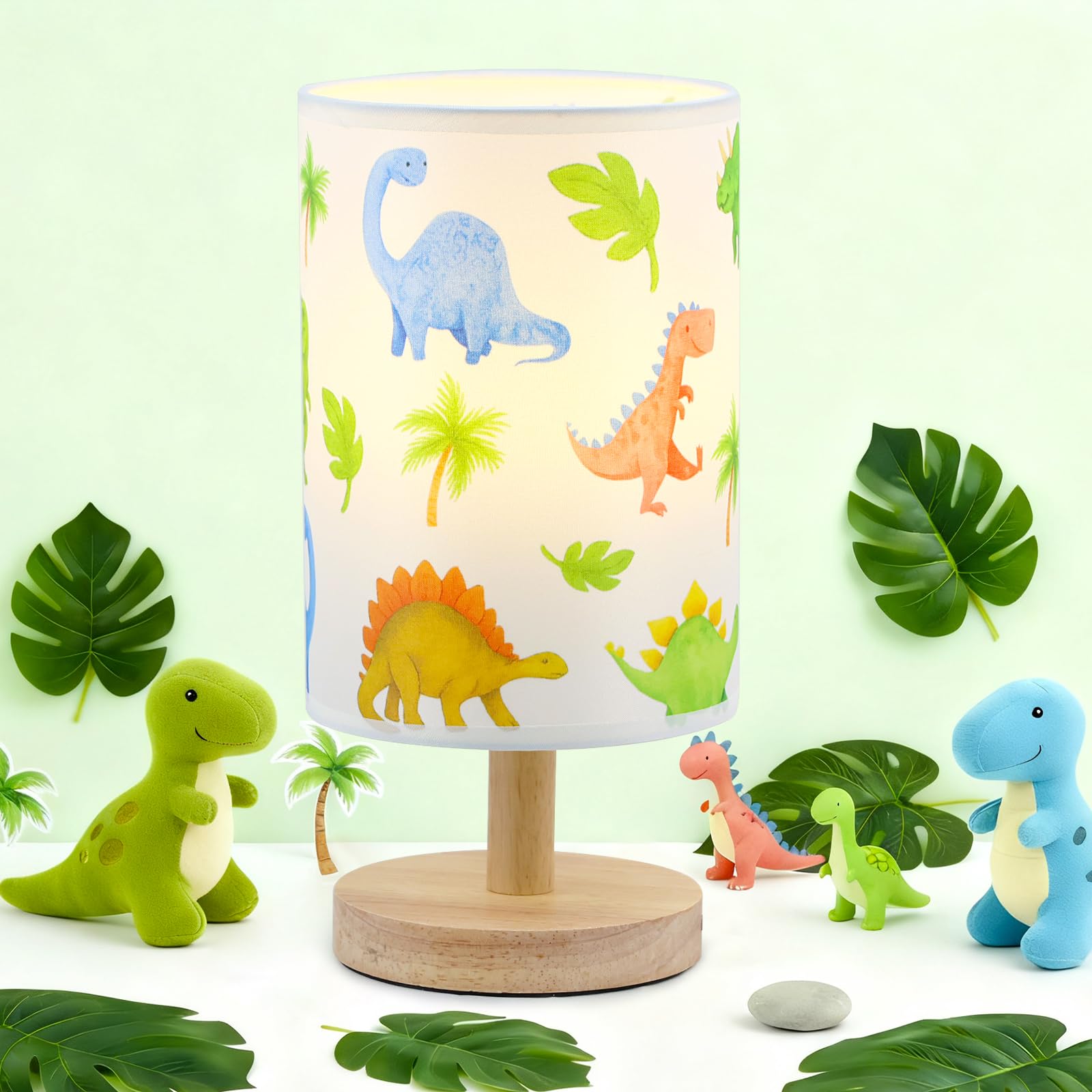 MASTRON Dinosaur Table Lamp for Kids Bedroom - Cartoon Dinosaur Bedside Lamp with Linen Lampshade Wooden Stand Night Light for Boys Bedroom Living Room Nursery Room Decor Dino Gifts for Boys