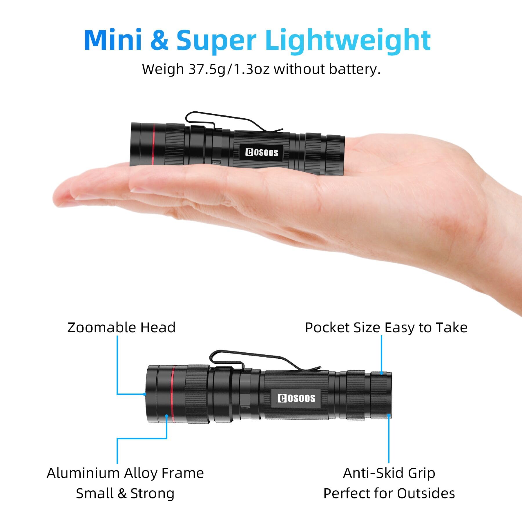 COSOOS Mini LED Tactical Flashlights - 3 Pack, 3.7" Waterproof, High Lumen, Black, Zoomable Penlight for Camping