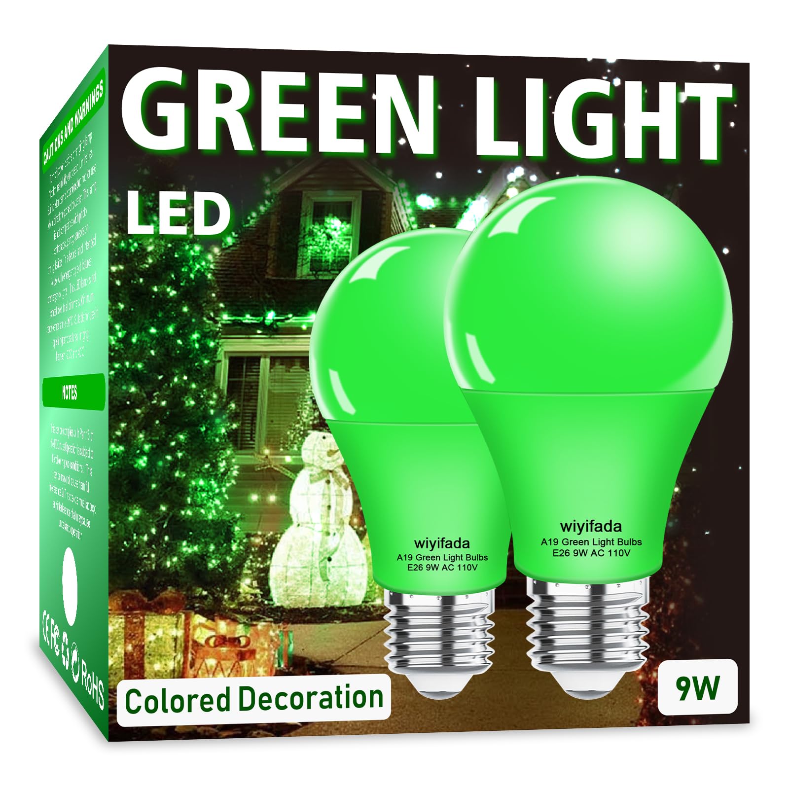 Wiyifada 2 Pack A19 LED Green Light Bulbs,110V E26 Christmas Green LED Lights 9W Replace up to 100W,Dimmable Colored Light Bulbs for St. Patrick's Day, Porch Light, Party Decoration, Holiday Lighting