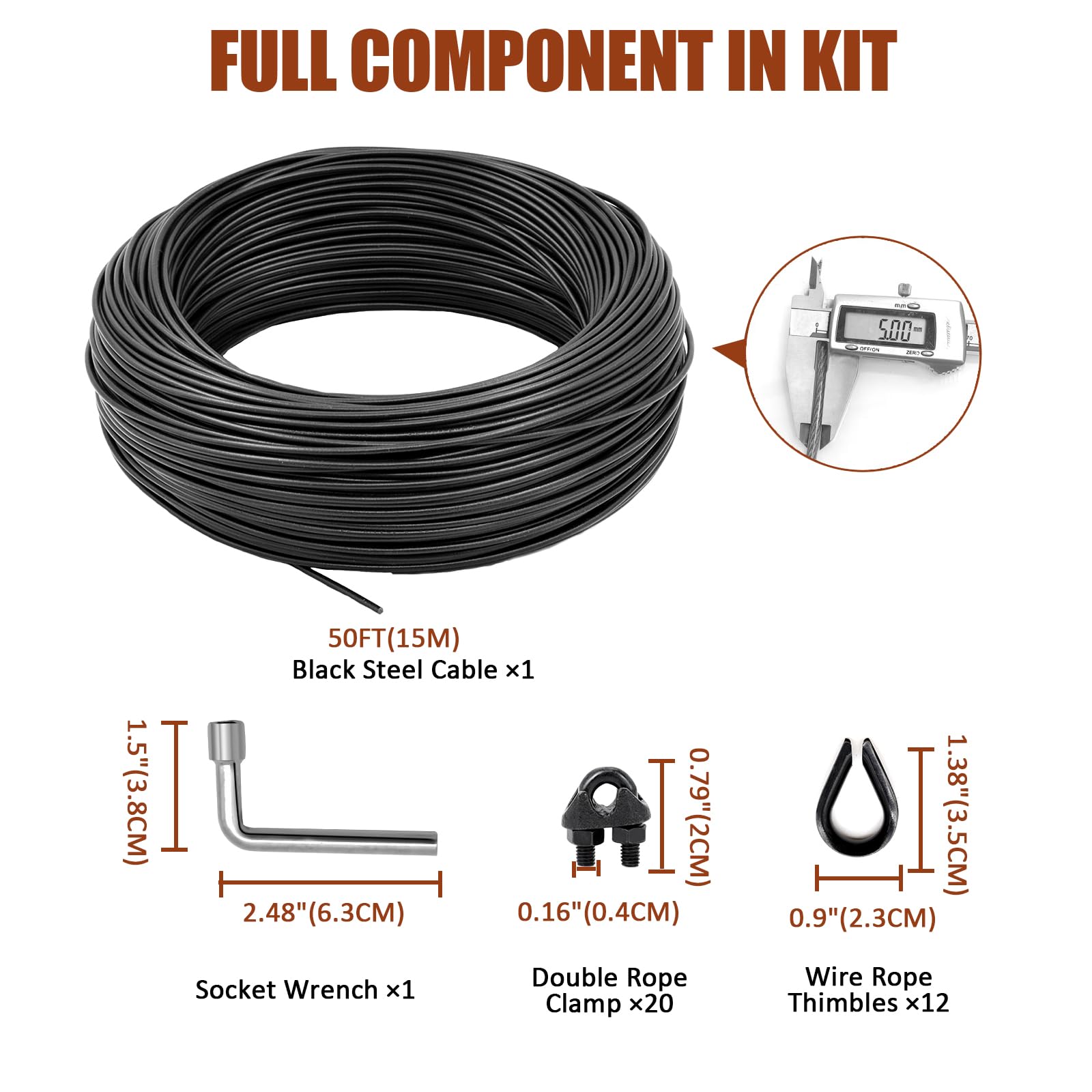 hannger String Light Hanging Kit, PVC Coated Steel Cable, 100FT, Black, Model HWRS-30M5MMB-32
