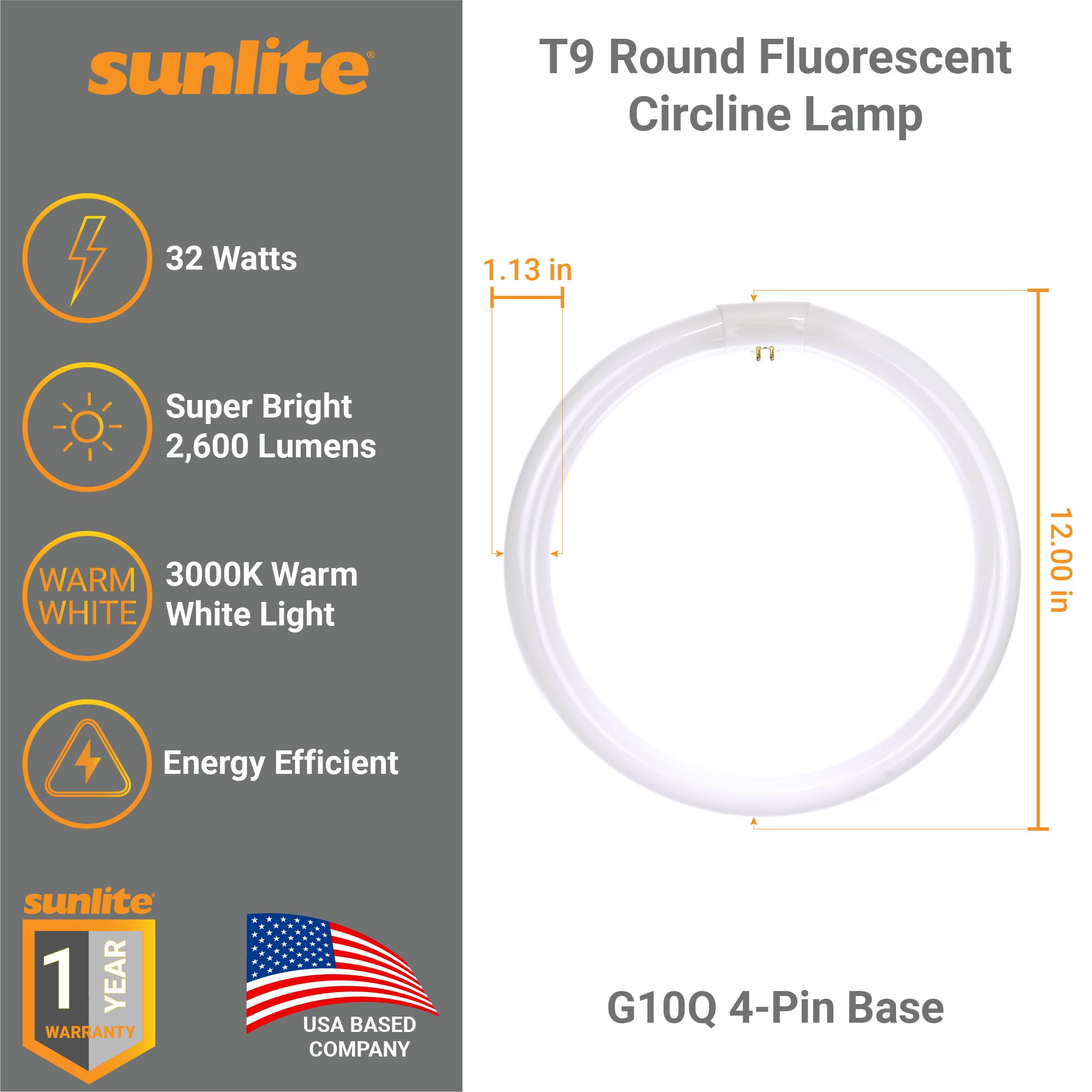 Sunlite T9 Round Fluorescent Circline Lamp 32W 2600 Lumens 3000K Warm White G10Q 4-Pin Base 1 Pack