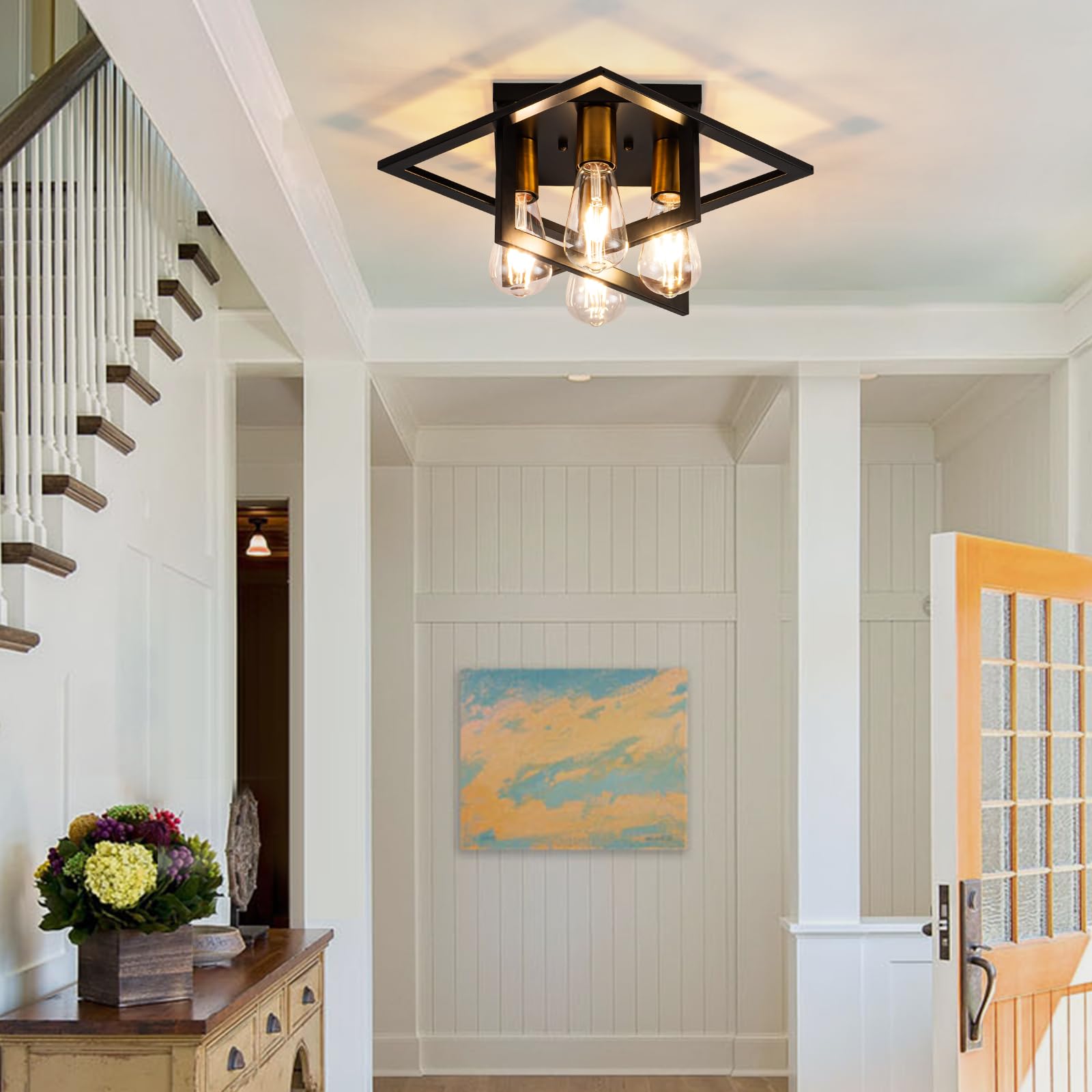 Fengkedu 4 Light Farmhouse Lighting Fixtures Ceiling Black Gold Industrial Flush Mount Ceiling Lamp Hallway Light Fixture Close