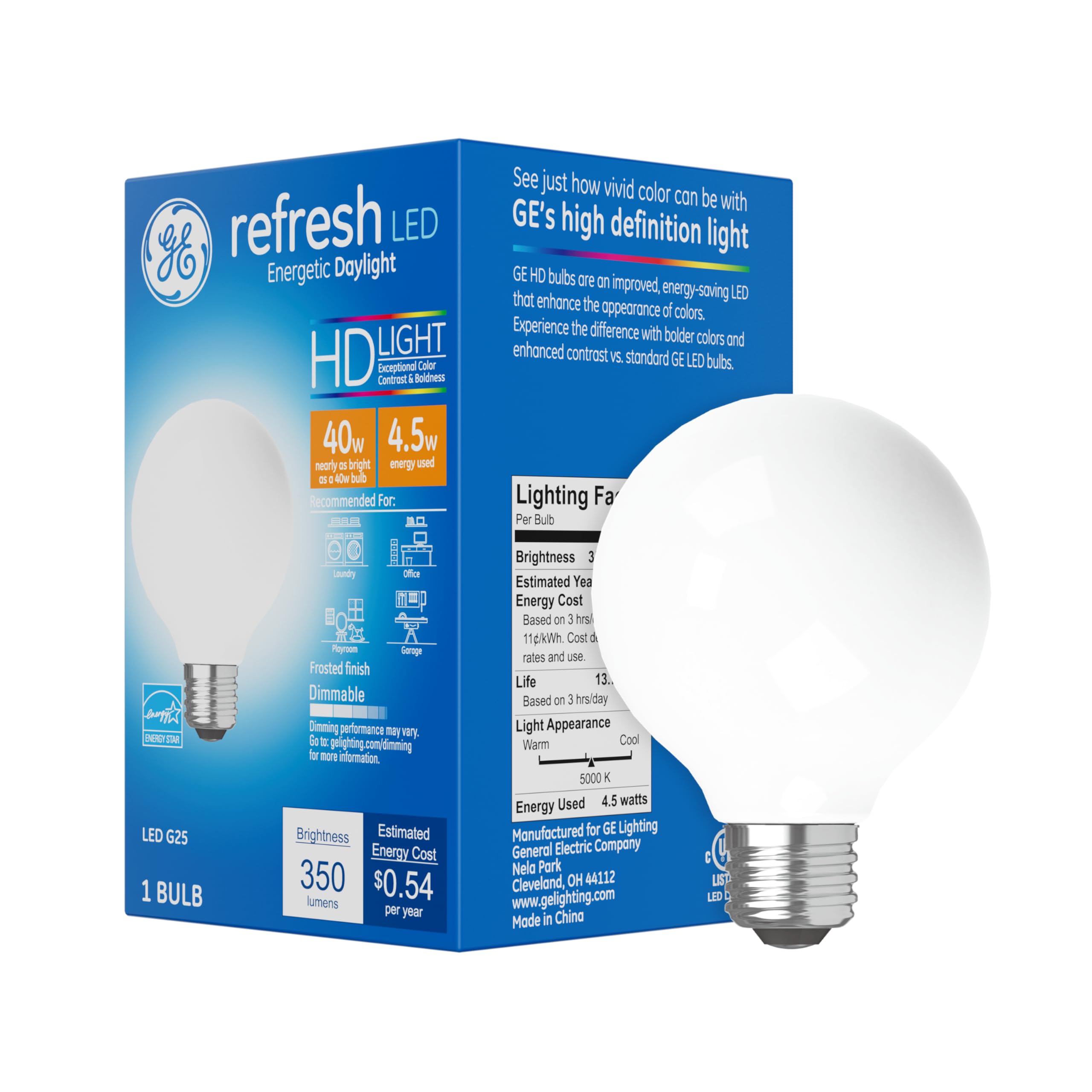 Ge Refresh Led Light Bulbs, 40 Watt, Daylight, G25 Globe Bulbs, Frosted, Medium Base (1 Pack)