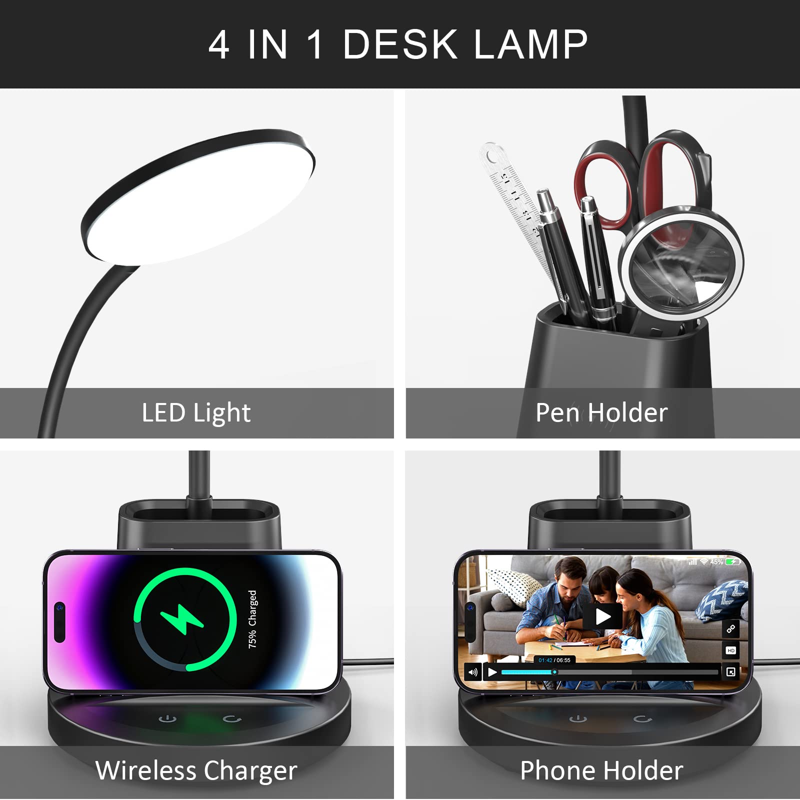 Vicsoon LED Desk Lamp with Wireless Charger, Dimmable 3 Color Modes, Flexible Arm, 800 Lumens, Black, Model HM-TD-8W-003