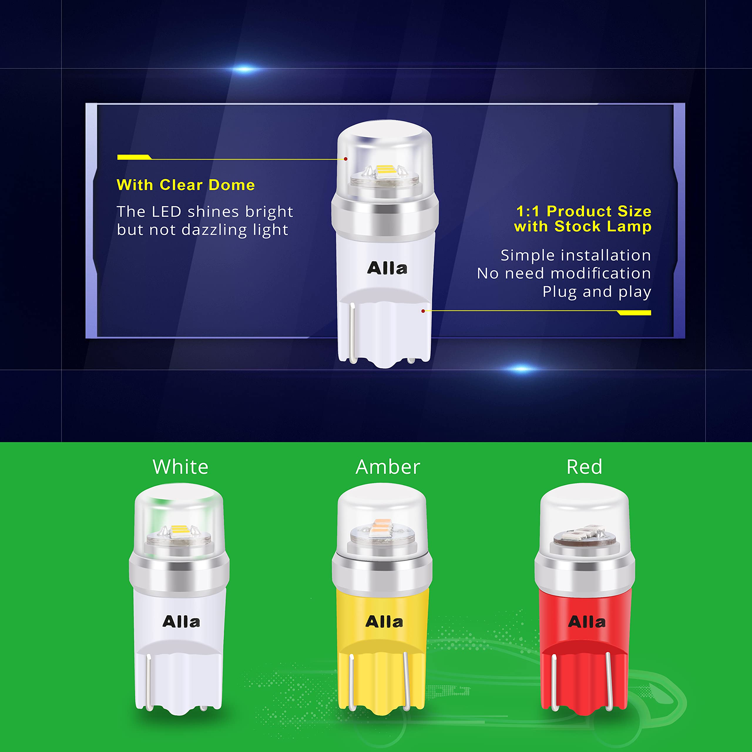 Alla Lighting Mini T10 168/194 Led Bulbs Advanced 12V License, Interior, Map, Dome, Trunk Cargo, Step Lights W5W 2825 175 158 For Auto Cars, Trucks (6000K Xenon White)