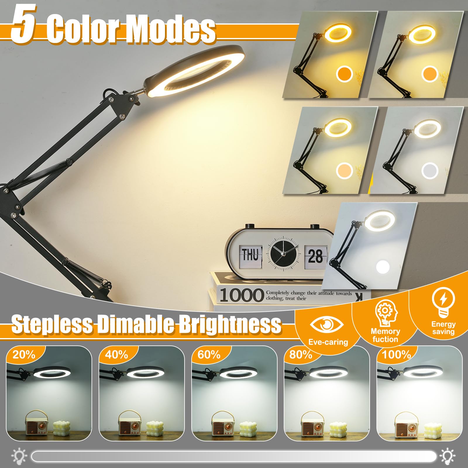 Ivmaie 10X Magnifying Glass With Light And Stand, 2-In-1 Lighted Magnifier With Clamp, 5 Color Modes Dimmable Led Desk Lamp Hands Free For Painting Craft Jewelry Sewing Hobby Model Close Work