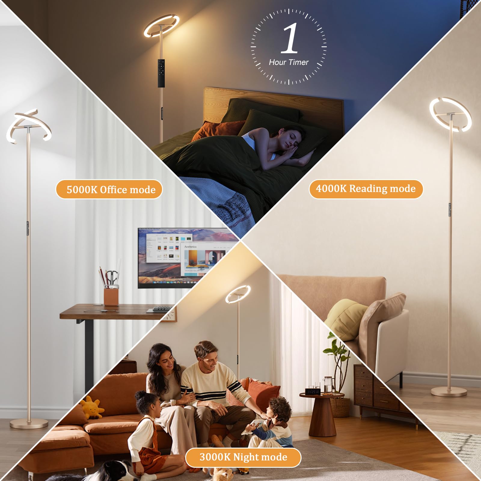 Preeotti Led Gold Floor Lamp - 73.6'' Standing Lamp With 2 Rotatable Lights, Remote & Touch Control, 36W Bright Stepless Dimmabl