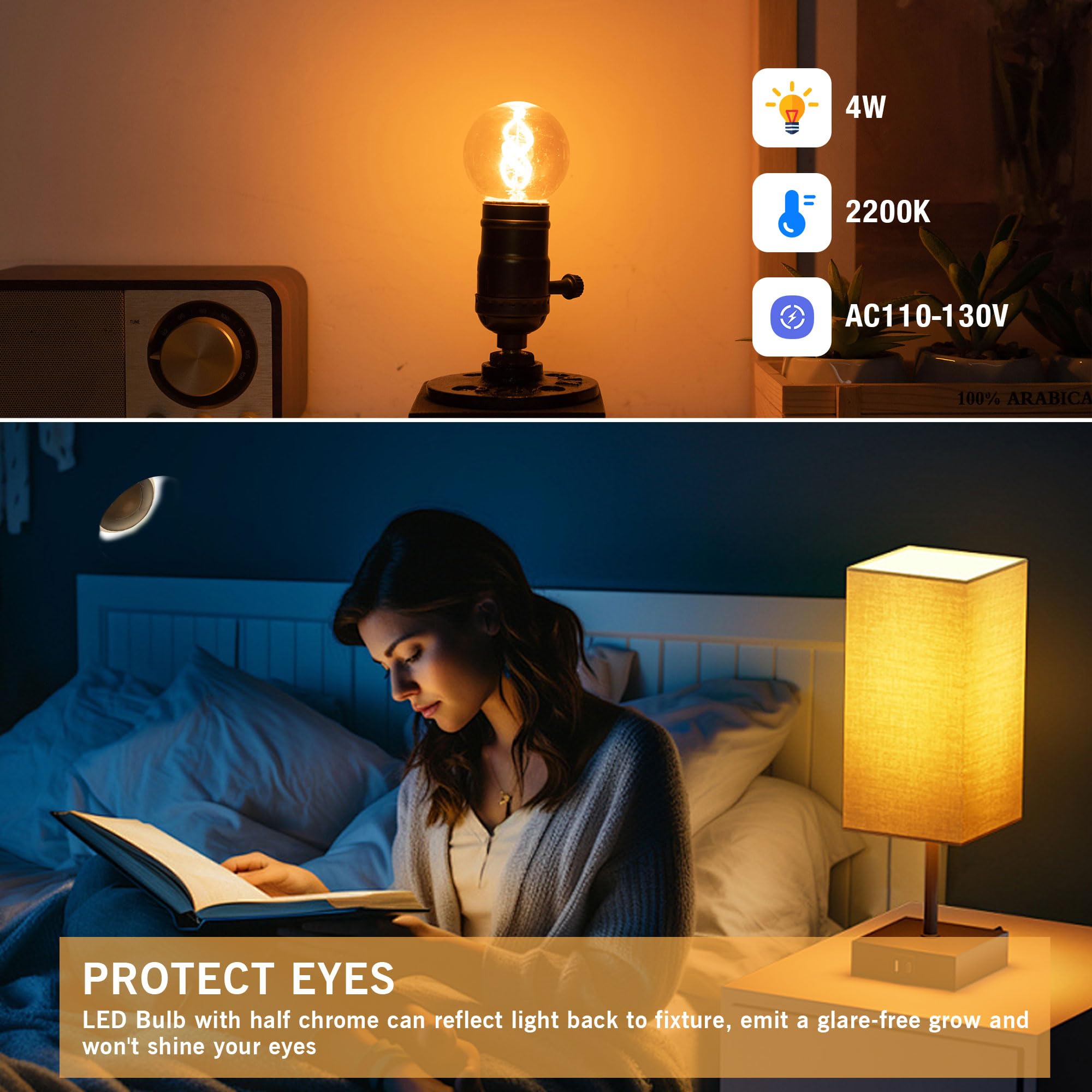 Dimmable E26 Vintage Amber Led G16.5 Light Bulb 25W Equal 3W Short Light Bulbs,G16.5/G50 Small Round Edison Bulbs Spiral Filamen