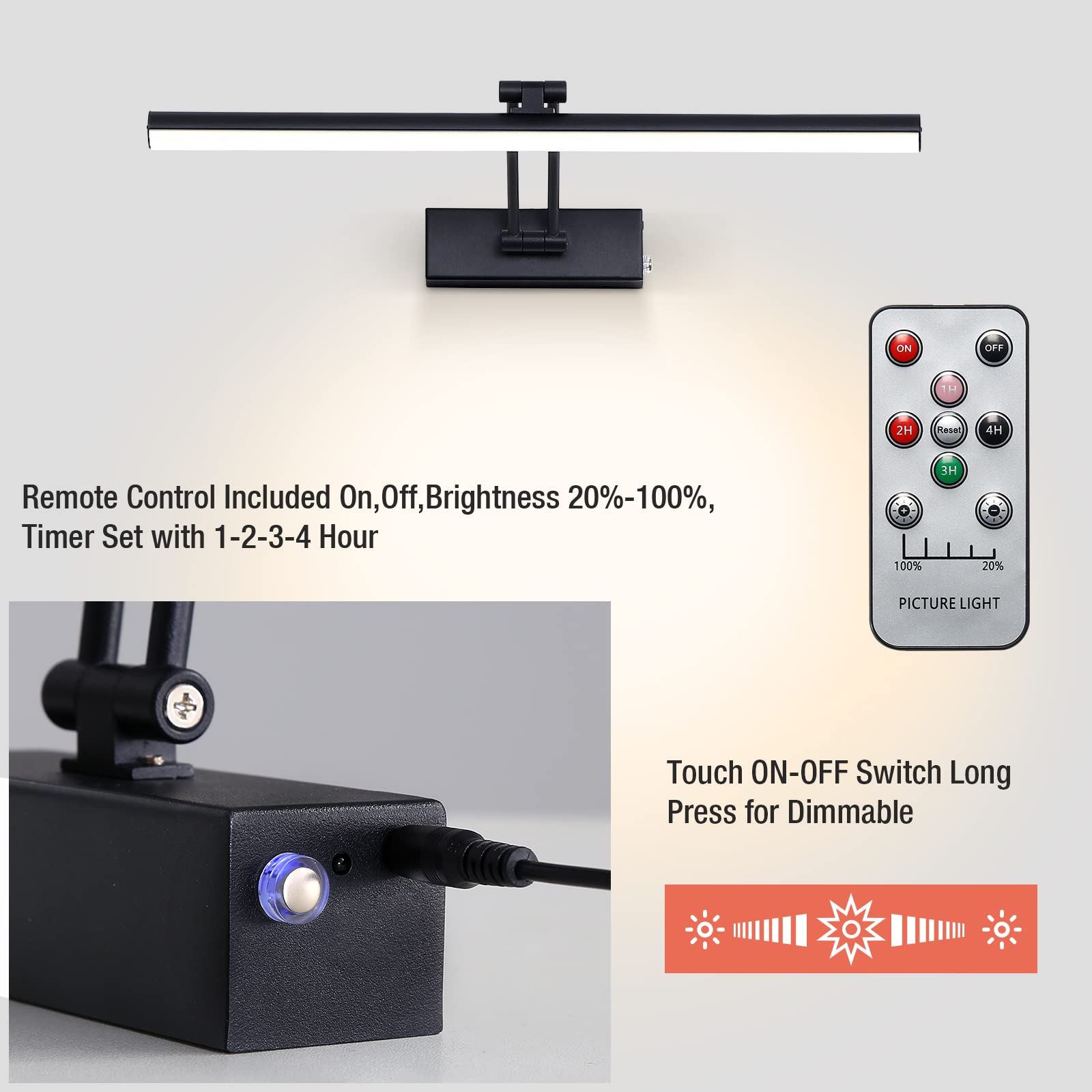 Howmzon Wireless Picture Light  16 Inches  Battery Operated  Dimmable Black Metal Led Art Light For Wall Sconce