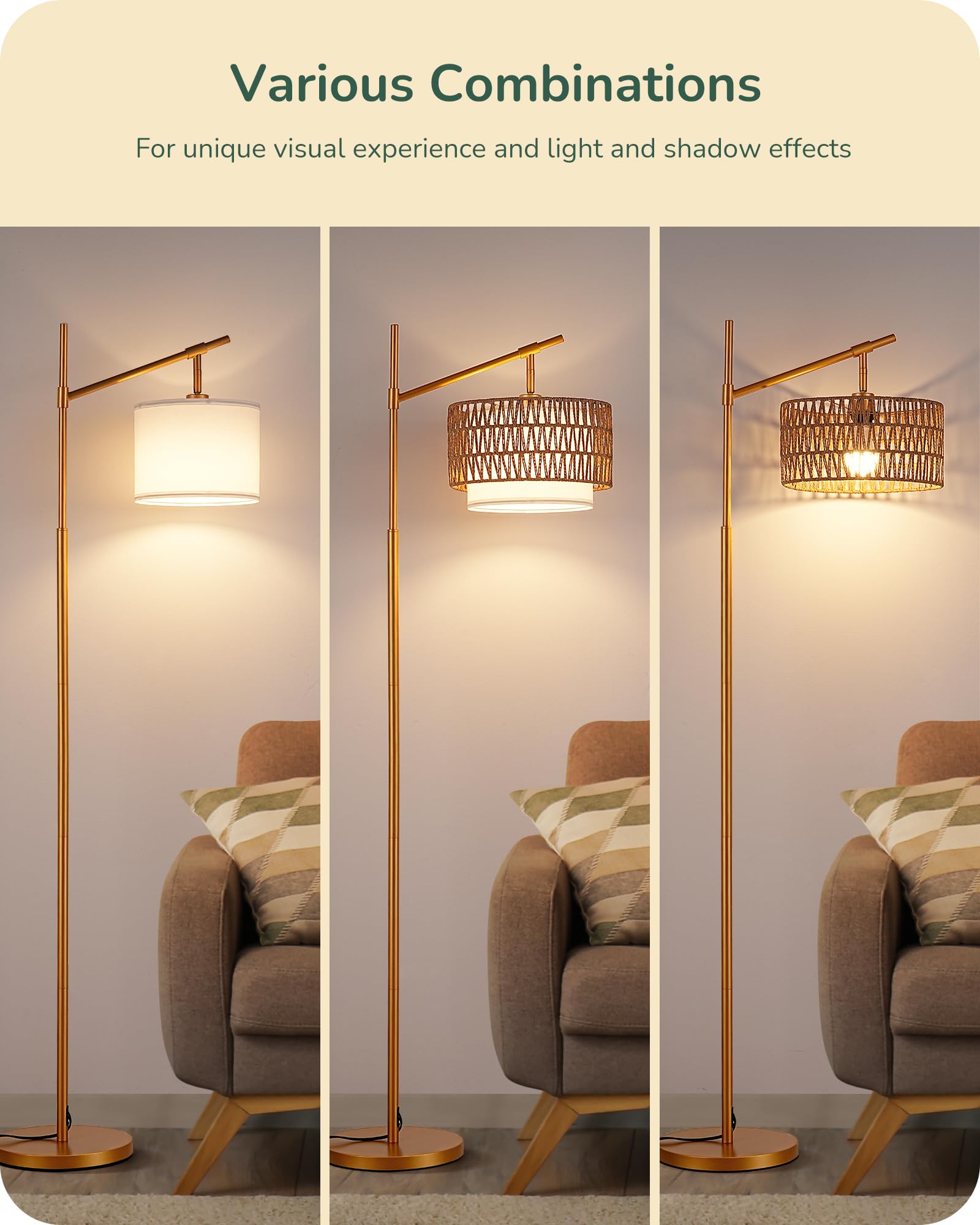 EDISHINE Rattan Arc Floor Lamp with Remote, Dimmable LED, Gold, Adjustable Wicker & Fabric Shades, Model HFLEA3A