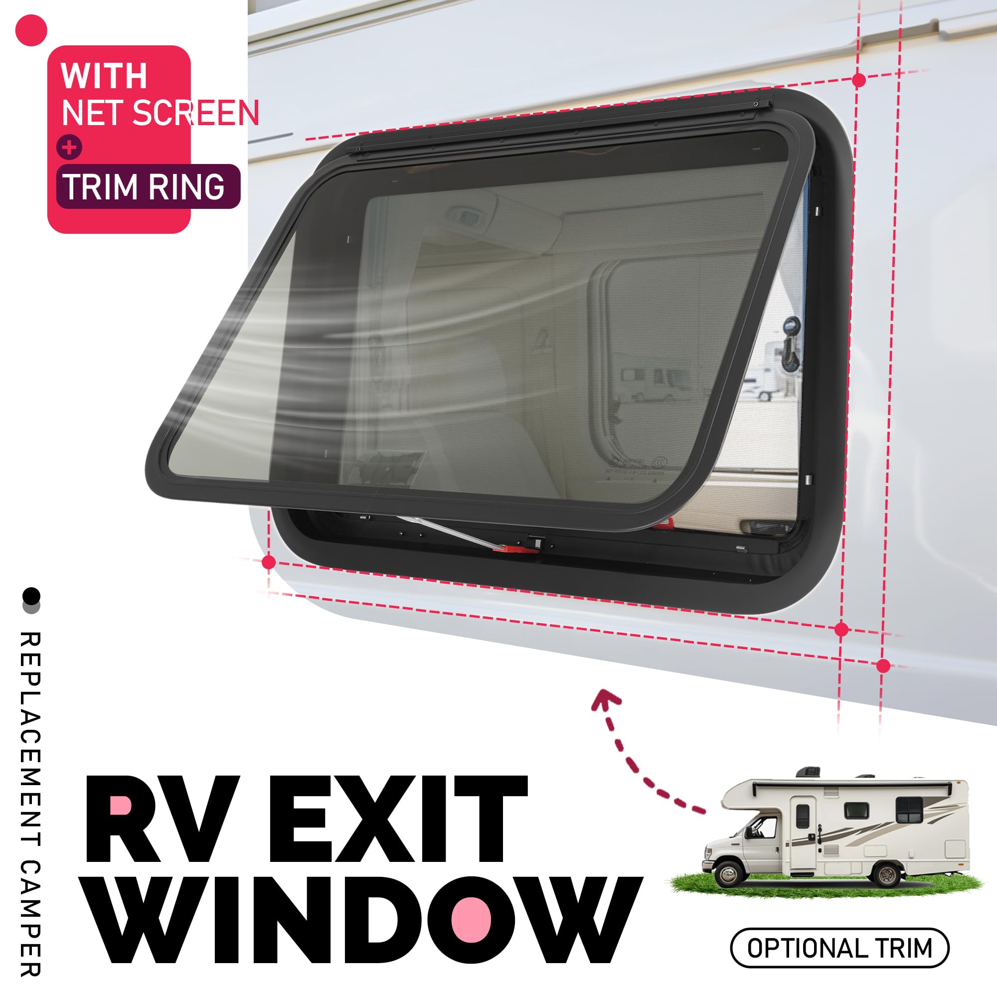 WUTIST RV Exit Window 30"W x 20"H Push Out w/Screen & Trim Ring, Dark Tinted Aluminium Tempered Glass, Black Frame & Mesh Screen, Model GO-5158