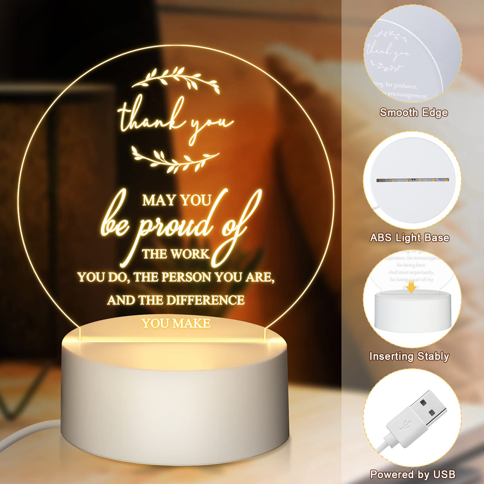 Kigley 6 Pcs Teacher Appreciation Gifts Thank You Gifts For Coworkers Acrylic Inspirational Night Light Led Engraved Lamp Valentine'S Day Gifts For Employee Teachers Social Worker Volunteer(Round)