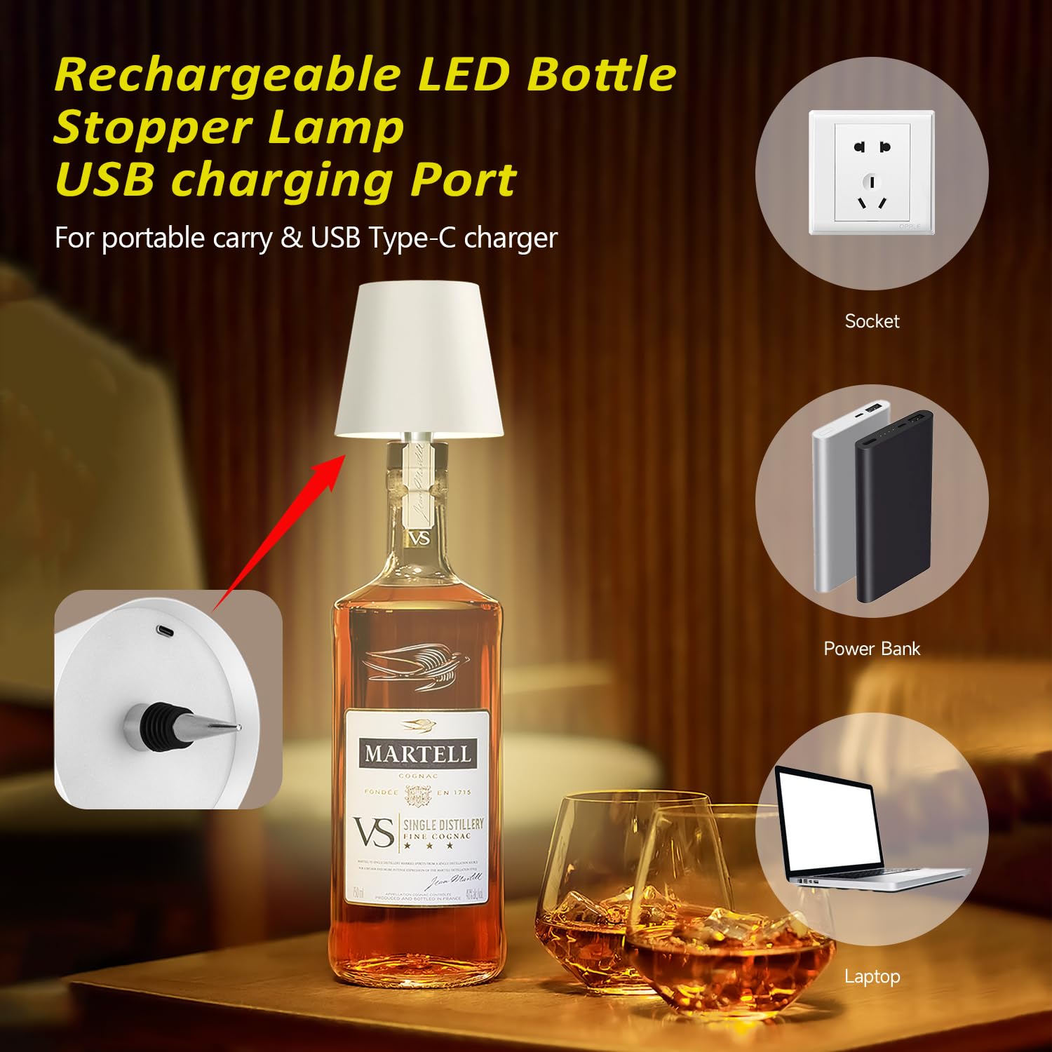 Hoide Wireless Bottle Lamp - LED Touch-Dimmable Night Light Kit, 5.7in, White, Plastic