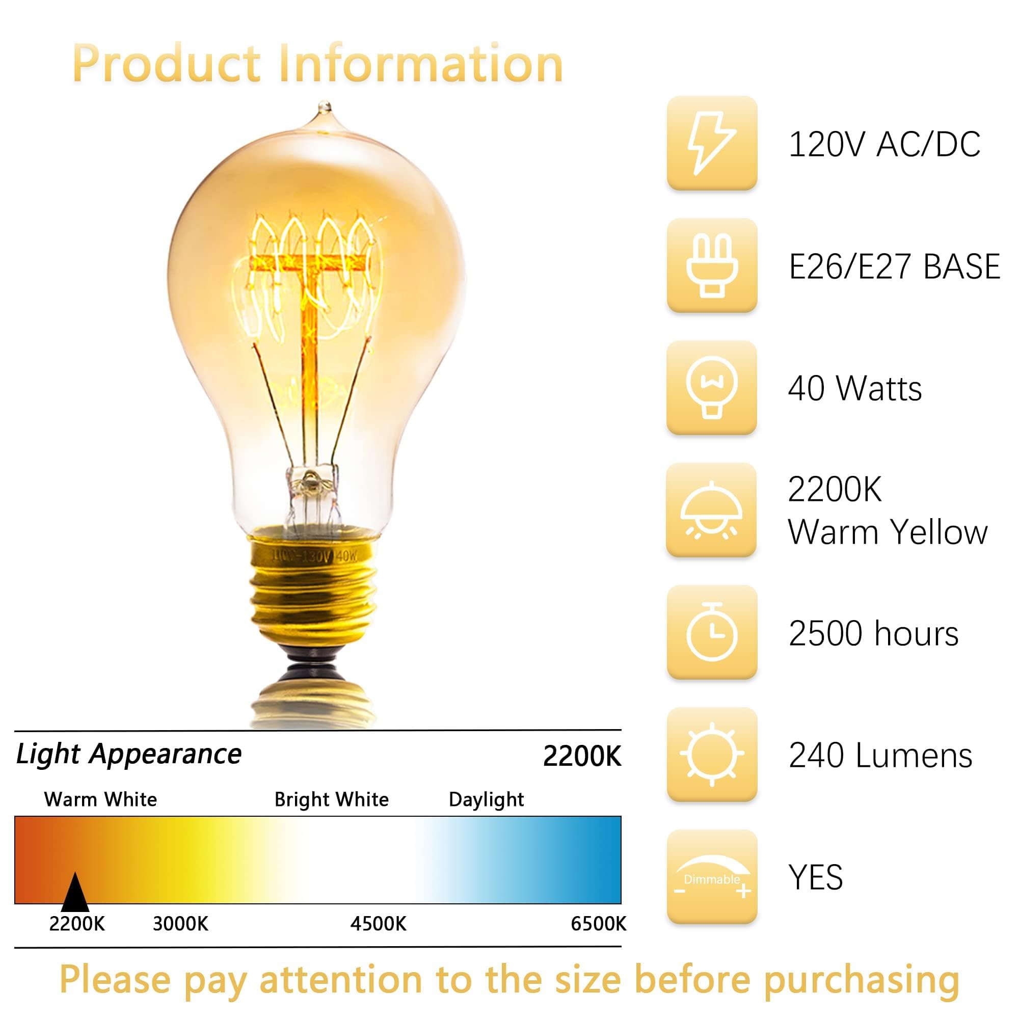 Sevici Edison Bulbs, A19 Bulbs 6 Pack, Dimmable 120V 40W Antique Vintage Amber Glass, 240 Lumens E26 Base, Retro Style Incandesc