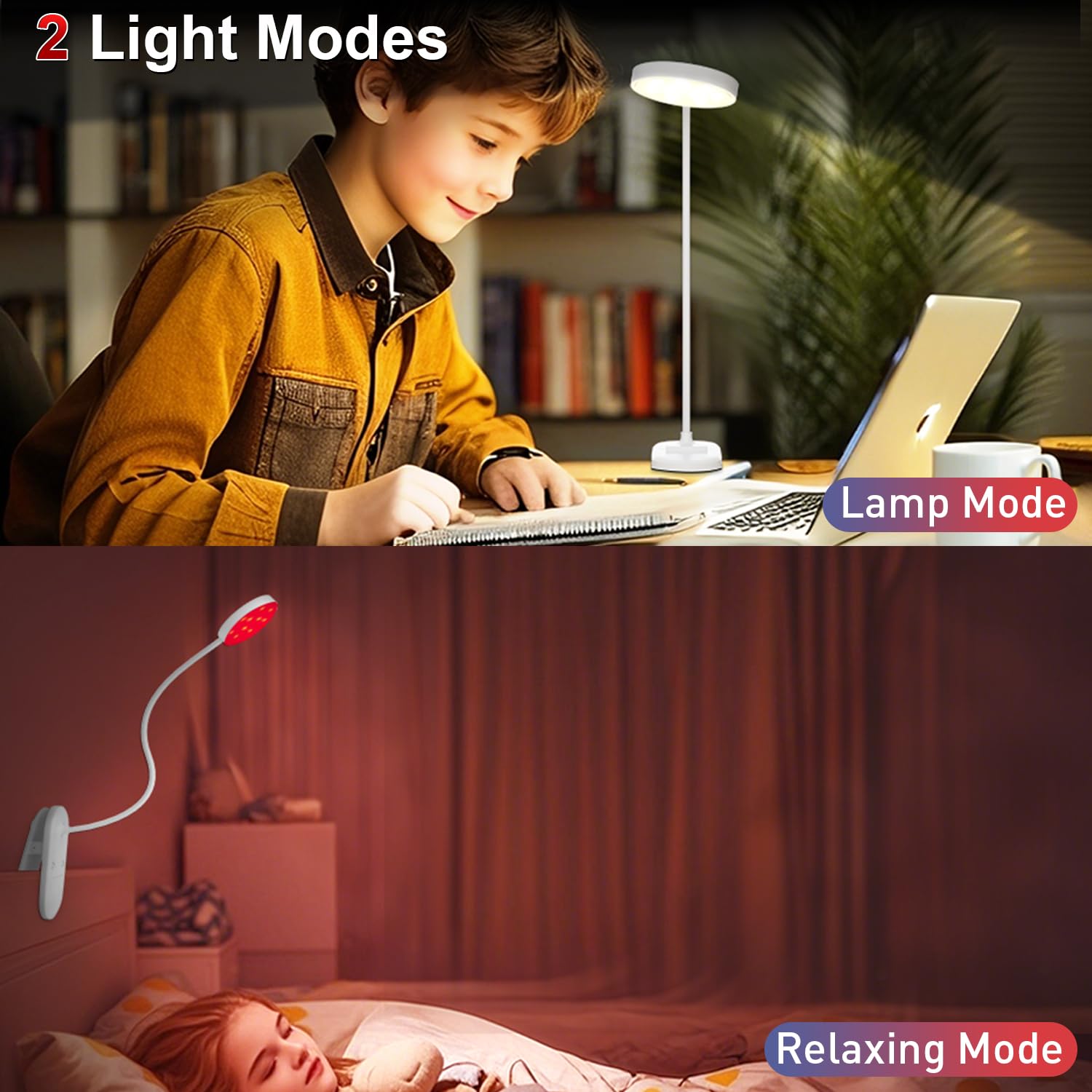 Haigvel 2 Color Red Book Light, 630Nm Clip-On Red Night Light For Sleep & Reading, Rechargeable Desk Lamp With Adjustable Bright