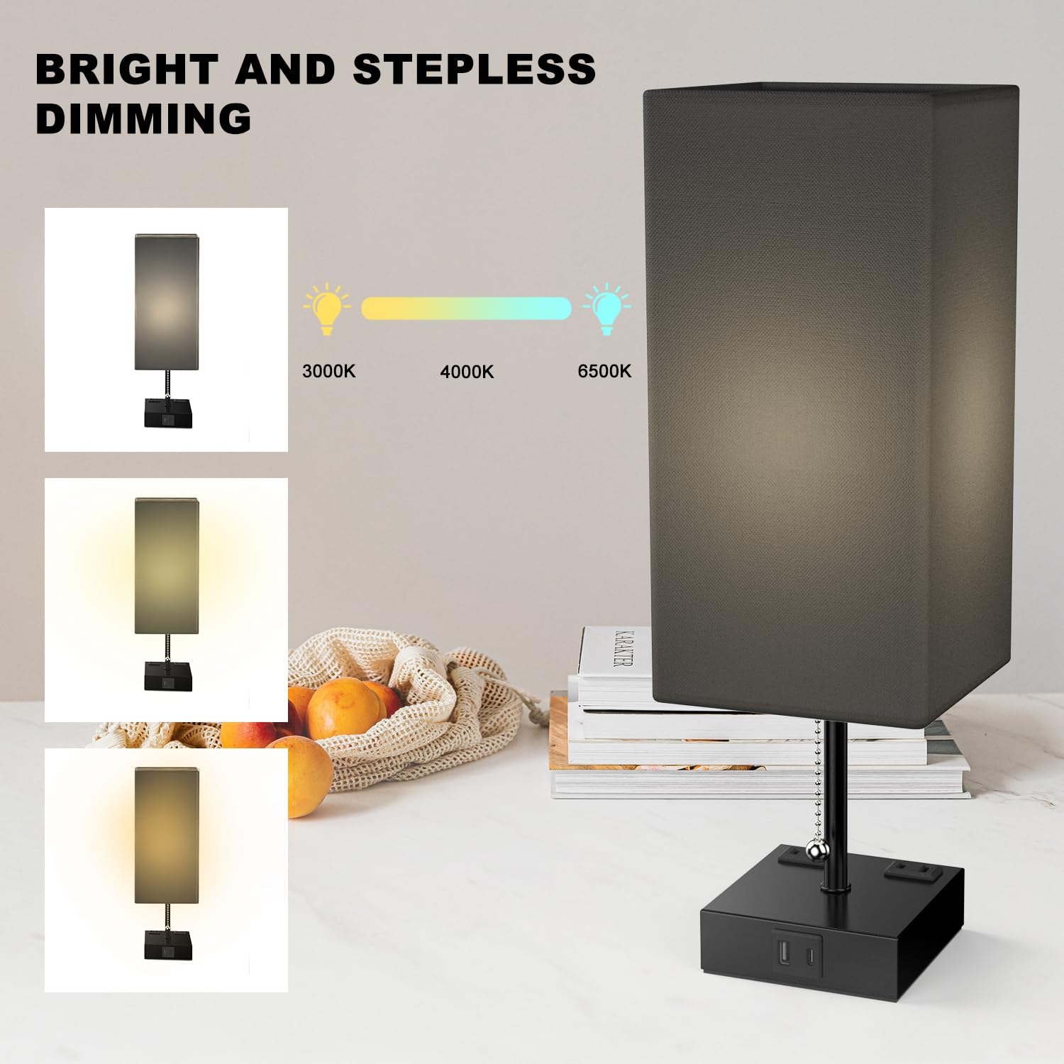 YIDPU Table Lamp with USB Charging Ports, Adjustable 3-Color LED Light, Fabric Shade, Linen Black, 1PCS
