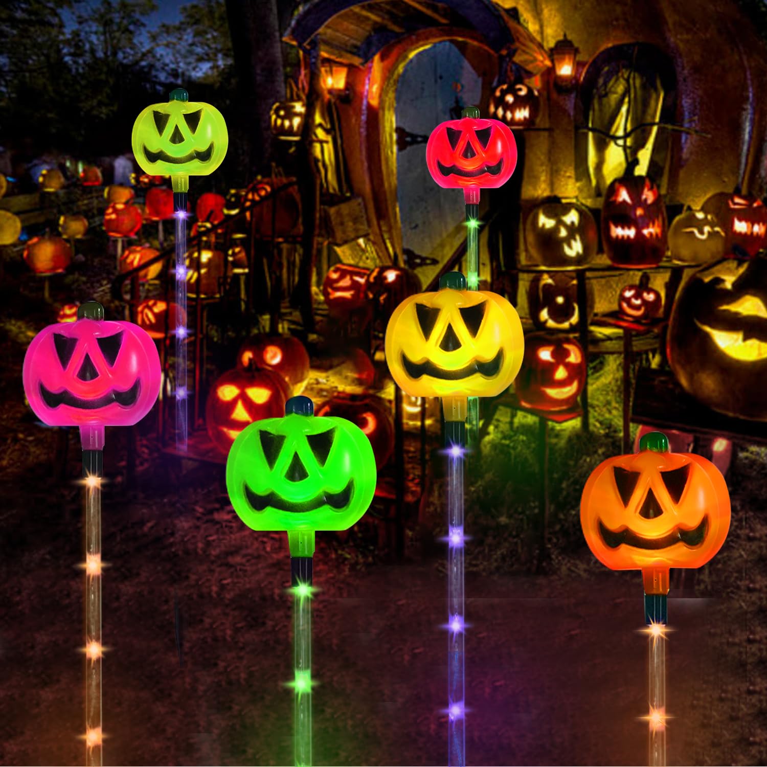 Aovciust 6-Pack Solar Pumpkin Stake Lights, Multi-Color Waterproof Halloween Outdoor Decorations, Model HD001