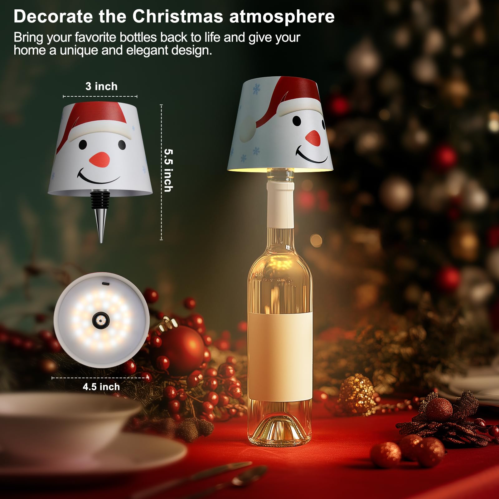 Mebaraul Wireless Bottle Lamp Shade, Rechargeable LED Table Lamp, Touch Control, Snowman Design, Model FT1