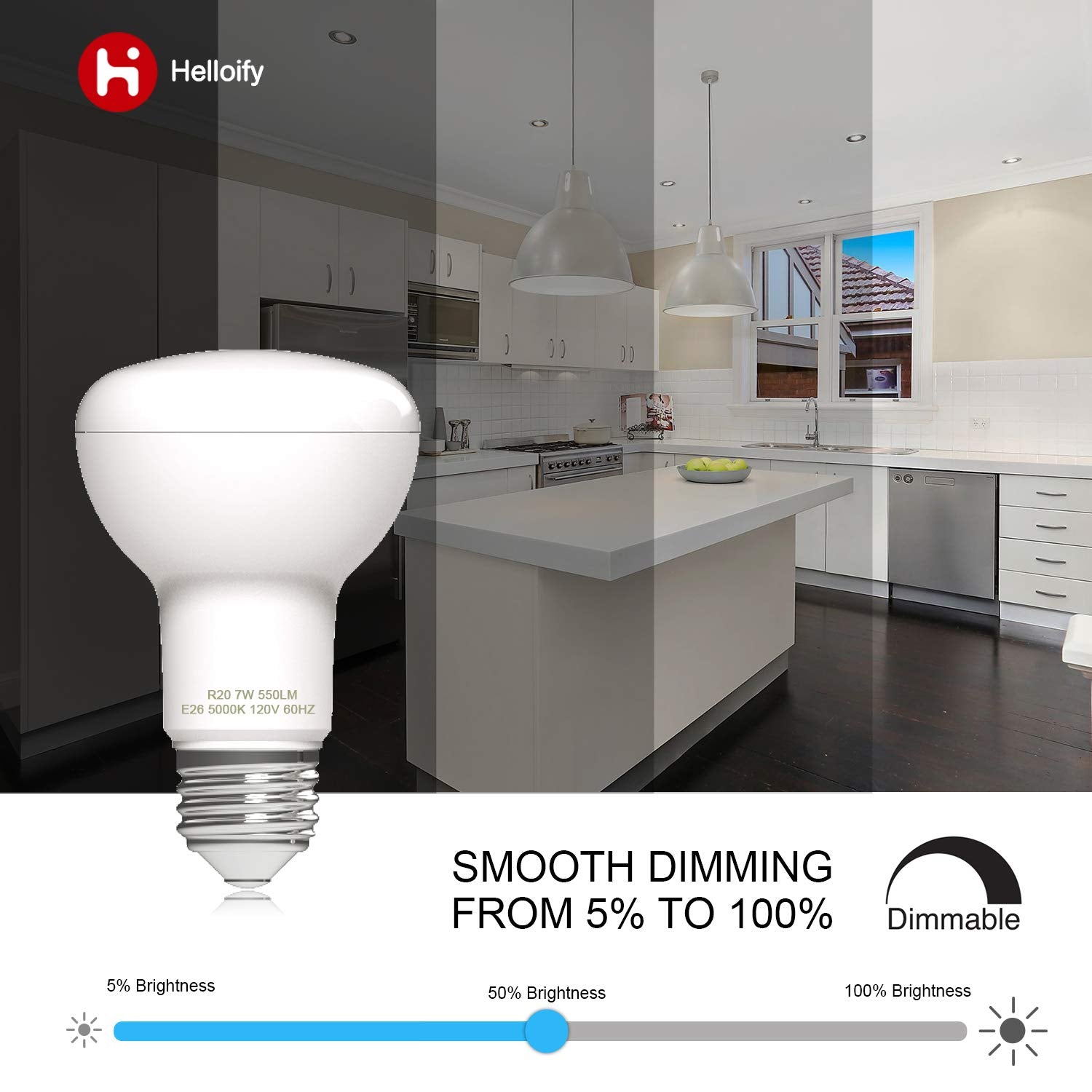 helloify Dimmable R20 LED Flood Light Bulb, 7W, 5000K Daylight White, E26 Screw Base, 6 Count Pack