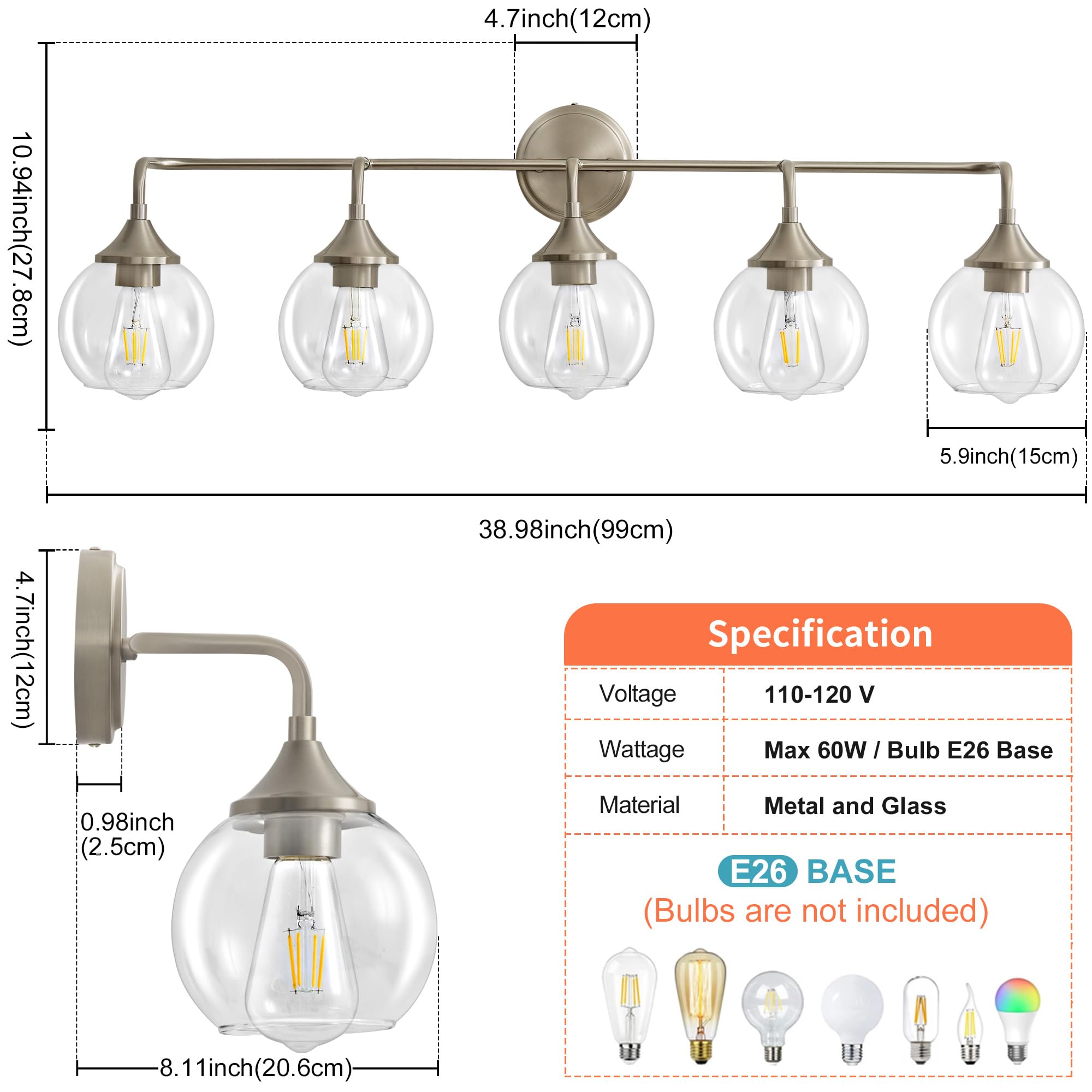 Gednbo Bathroom Vanity Lights With Clear Glass Shade  E26 Base  Vanity Lighting Fixtures Over Mirror  39 Inch Vanity Lights For Bathroom (Exclude E26 Bulb) (Brushed Nickel  5-Lights)