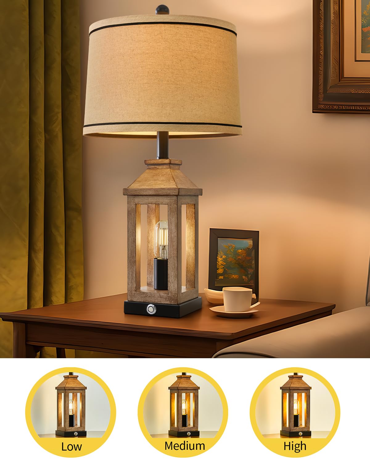 G-SAFAVA Farmhouse Table Lamp - 23.75" Touch Control, USB A+C Ports, 3-Way Dimmable, Vintage Modern Design, Wood Finish