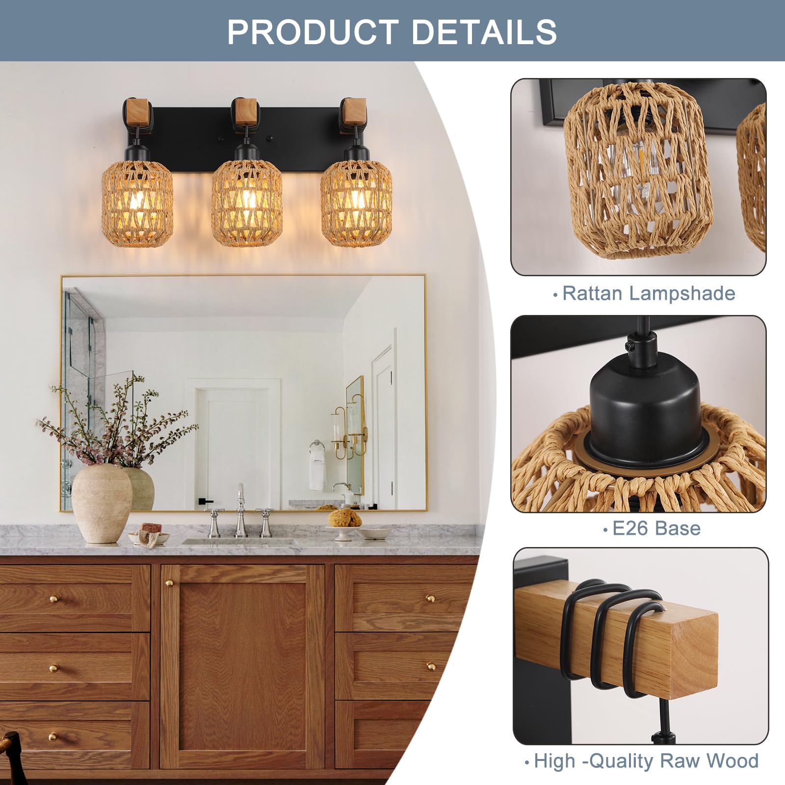 LmnLvn 3-Light Bathroom Vanity Light Fixtures, Rustic Wood Sconce with Boho Wicker Lampshade, Black, Model L8001