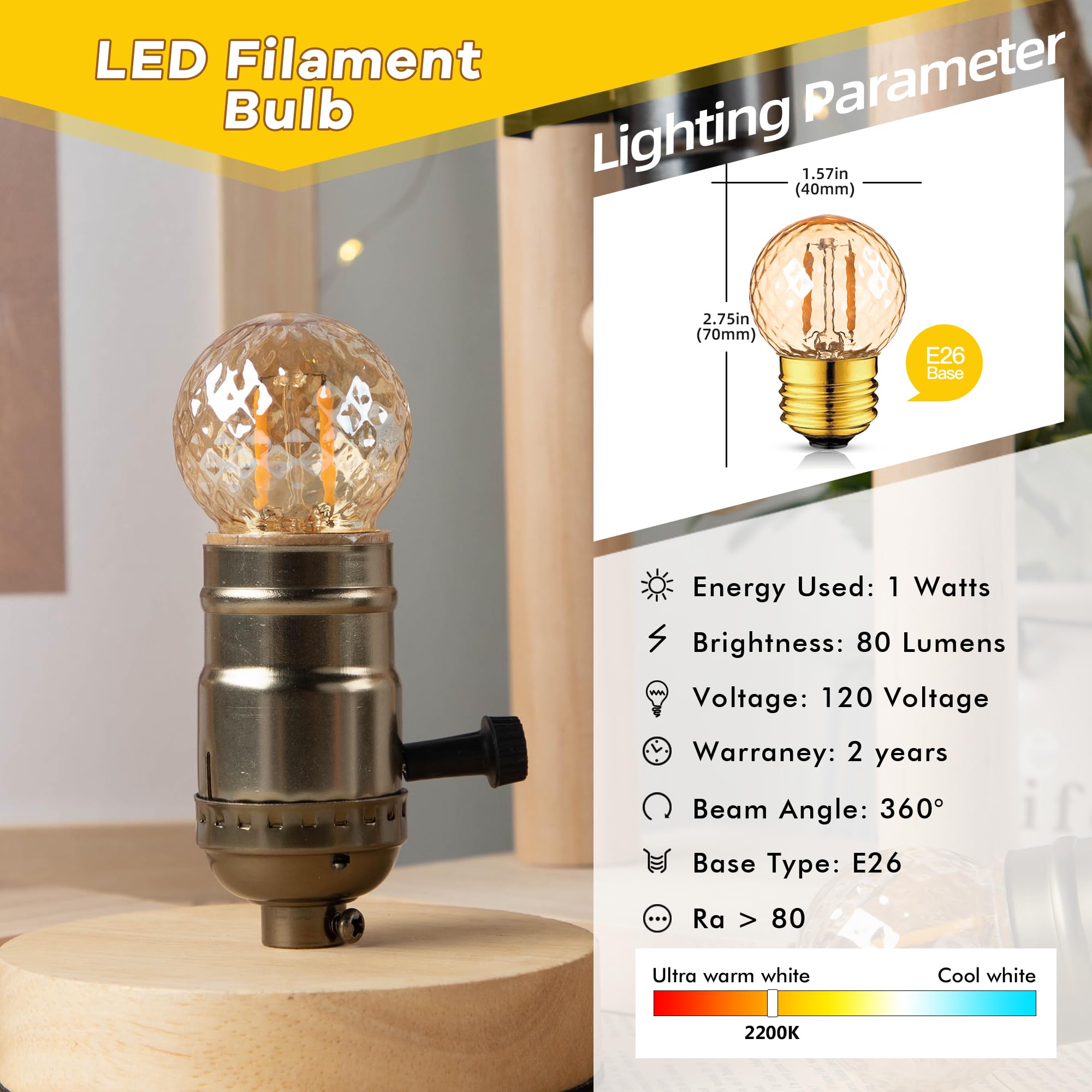 Grensk Low Watt Led Light Bulbs,E26 Standard Screw Base 1Watt Small Edison Bulbs Equivalent To 10W 15W Incandescent,Amber Decor Night Light Bulbs,2200K Warm White Pineapple Shaped Bulbs,80Lumen,2Pcs