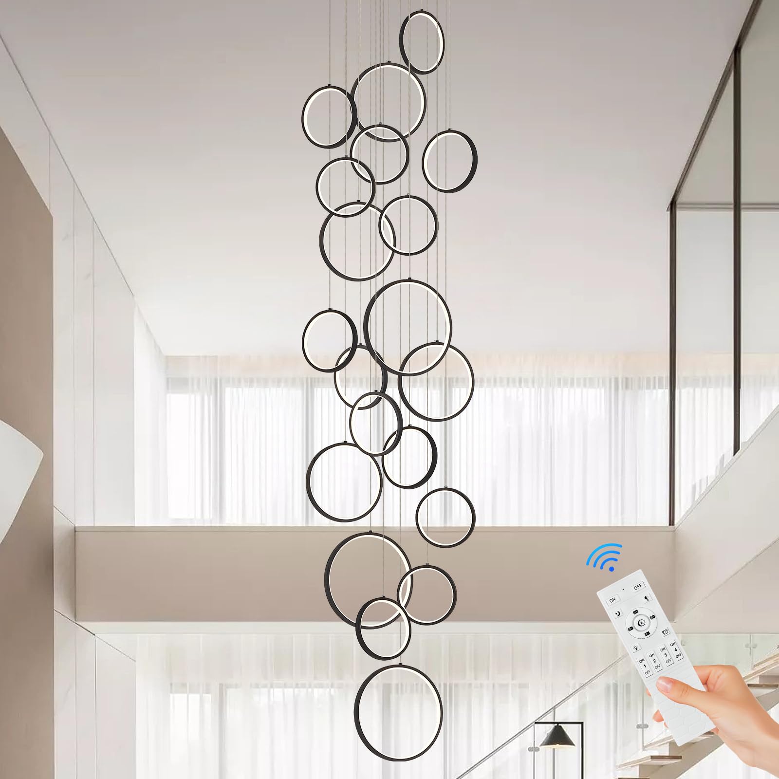 Sparklelf 20 Rings Modern Led Chandelier For High Ceiling Dimmable Black Contemporary Foyer Long Chandelier For Entryway, Long P