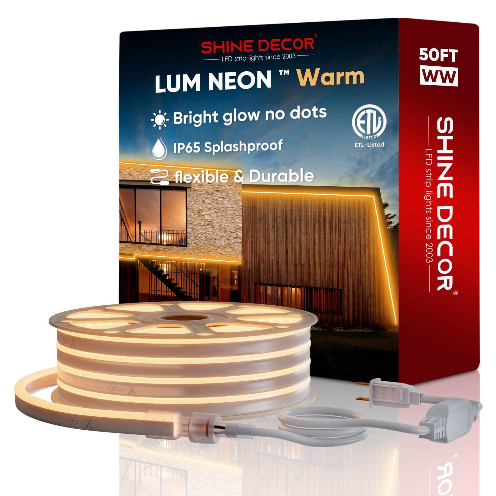 Shine Decor 50Ft Led Neon Rope Lights, 2500K Warm White, Waterproof Smd2835, Cuttable, Indoor/Outdoor Ambiance Lighting