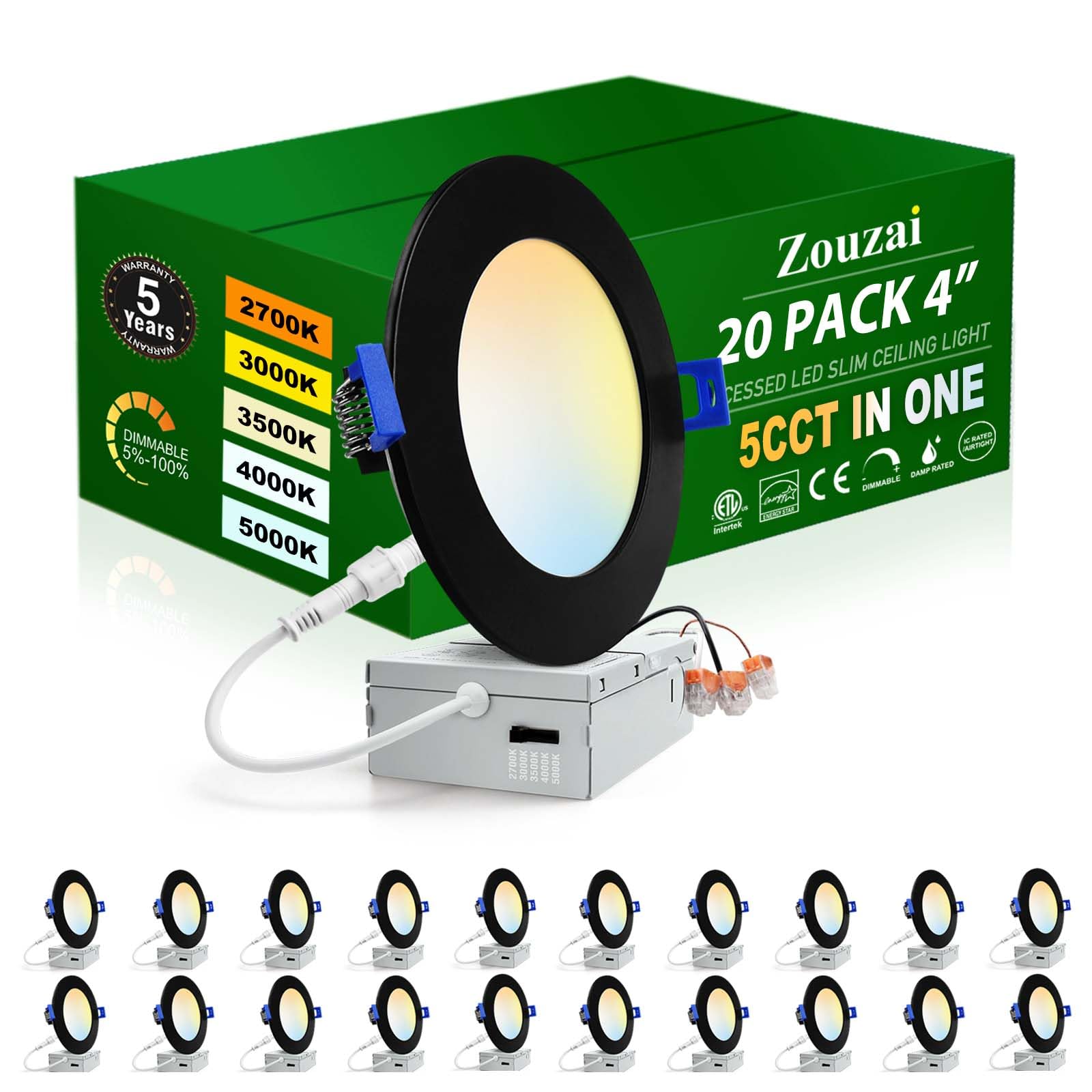 Zouzai 20 Pack 4 Inch Black Ultra-Thin Led Recessed Ceiling Light With Junction Box 5Cct Adjustable Dimmable Can-Killer Downlight - Etl And Energy Star Certified