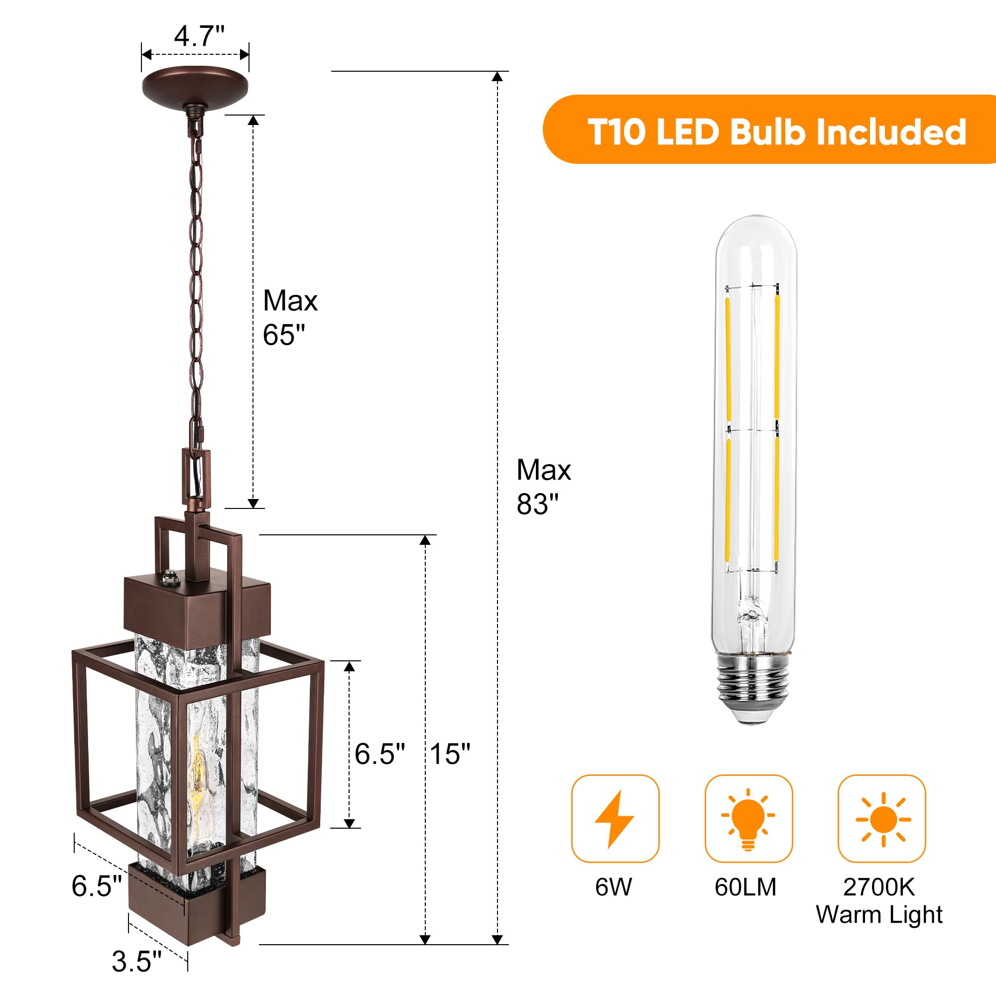 PARTPHONER 15" Outdoor Pendant Light, Modern Metal Chandelier, Water Glass, Bronze, Model PACL084BZ1