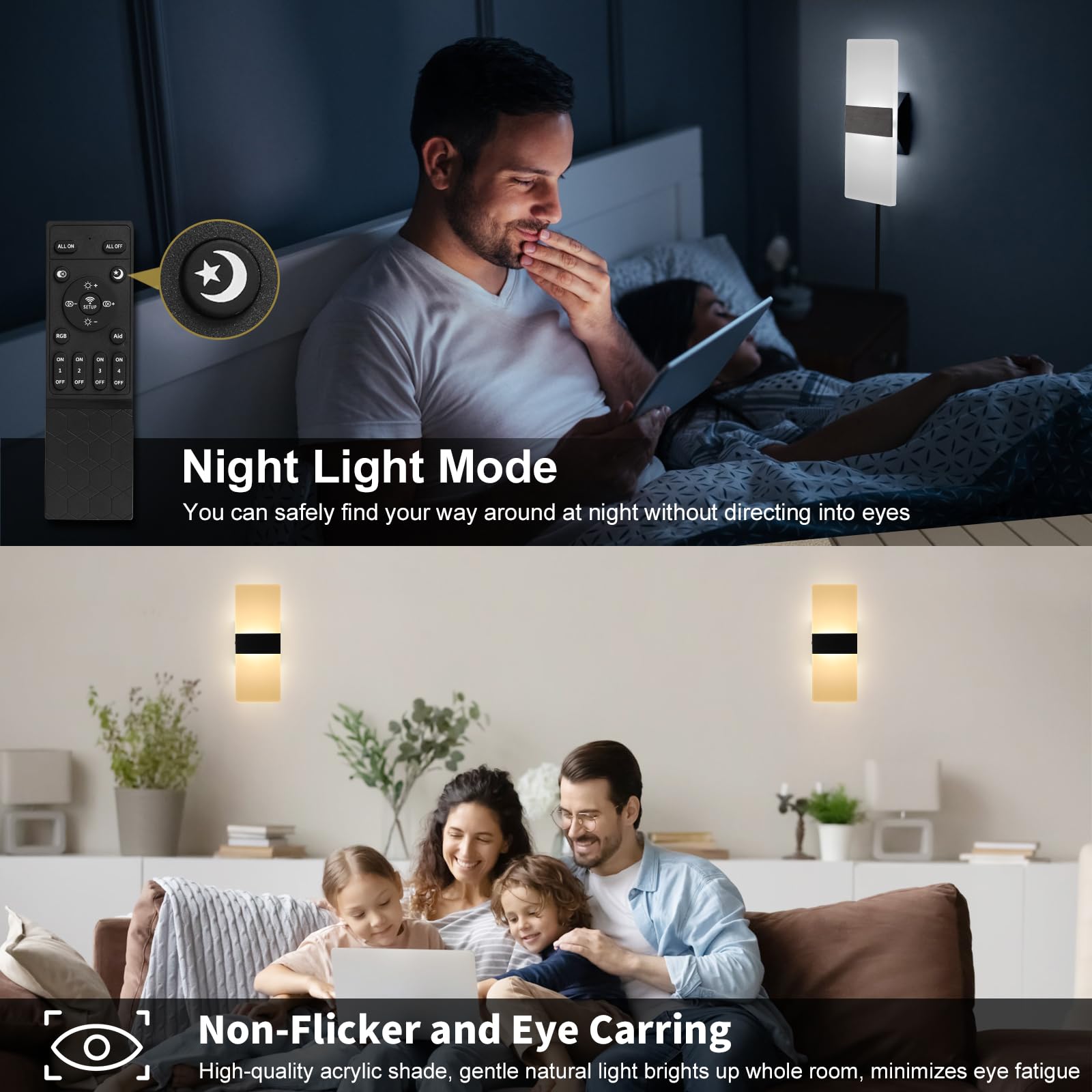 GOODATE Plug-in Wall Sconce, 12W Adjustable 3000K-6500K LED Light, Remote Control, Black, Model YKL-02, Acrylic + Pure Aluminum