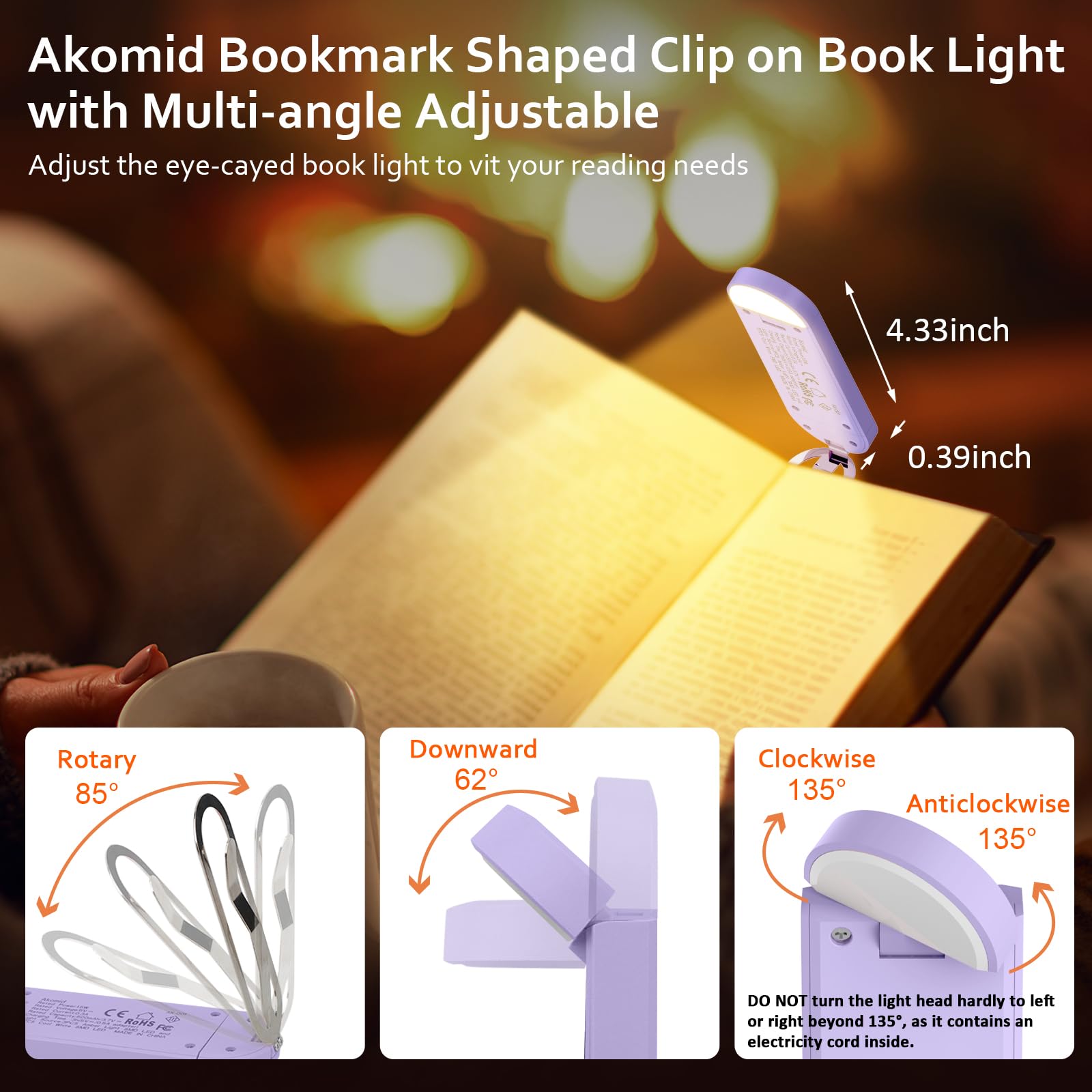 Akomid USB Rechargeable Amber Book Light, 8 LEDs, Stepless Dimming, Purple, Model Ak-001