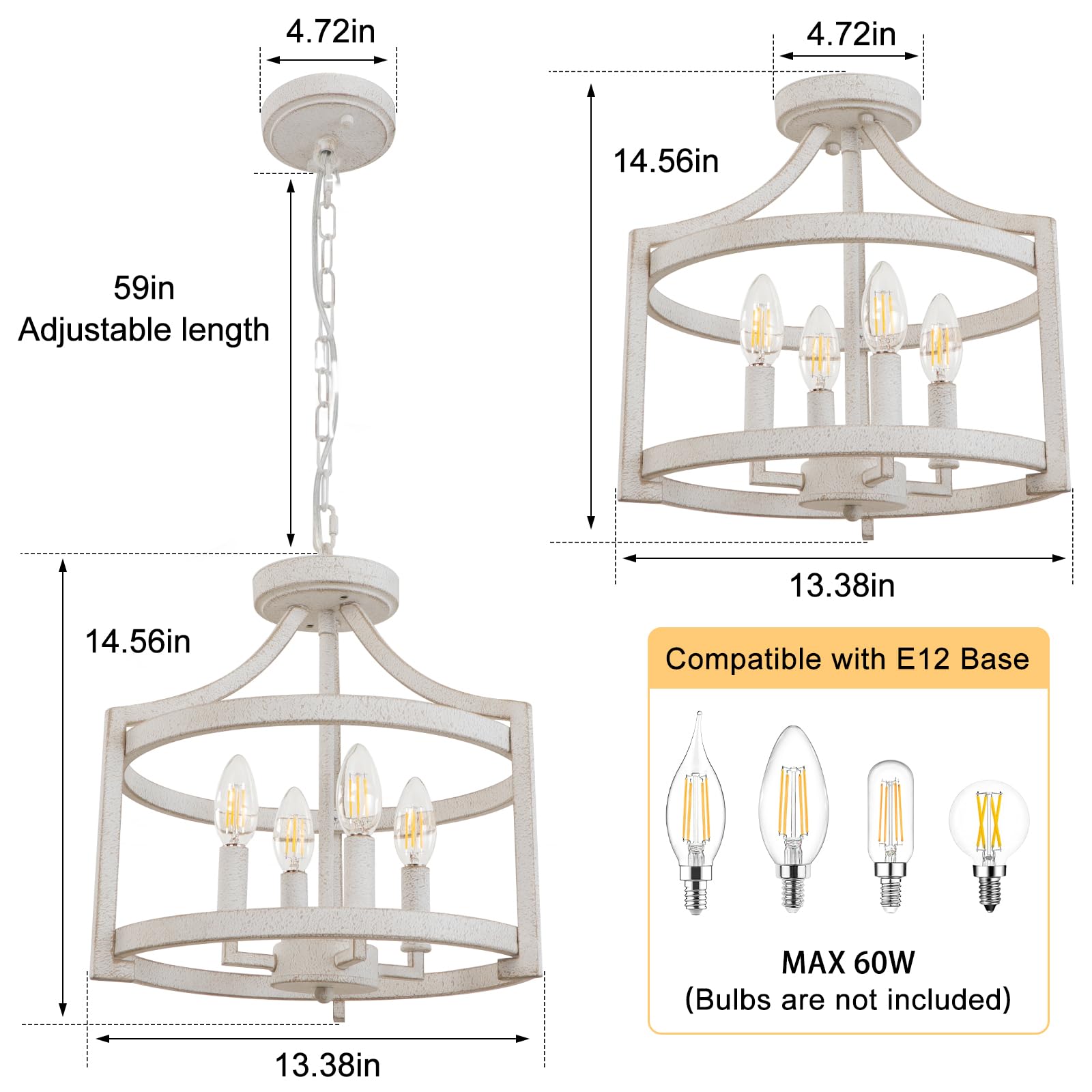 KMaiPem 4 Lights Vintage Farmhouse Chandelier, Antique White Metal Semi Flush Mount Pendant Light Fixture for Dining Room, Model D128004
