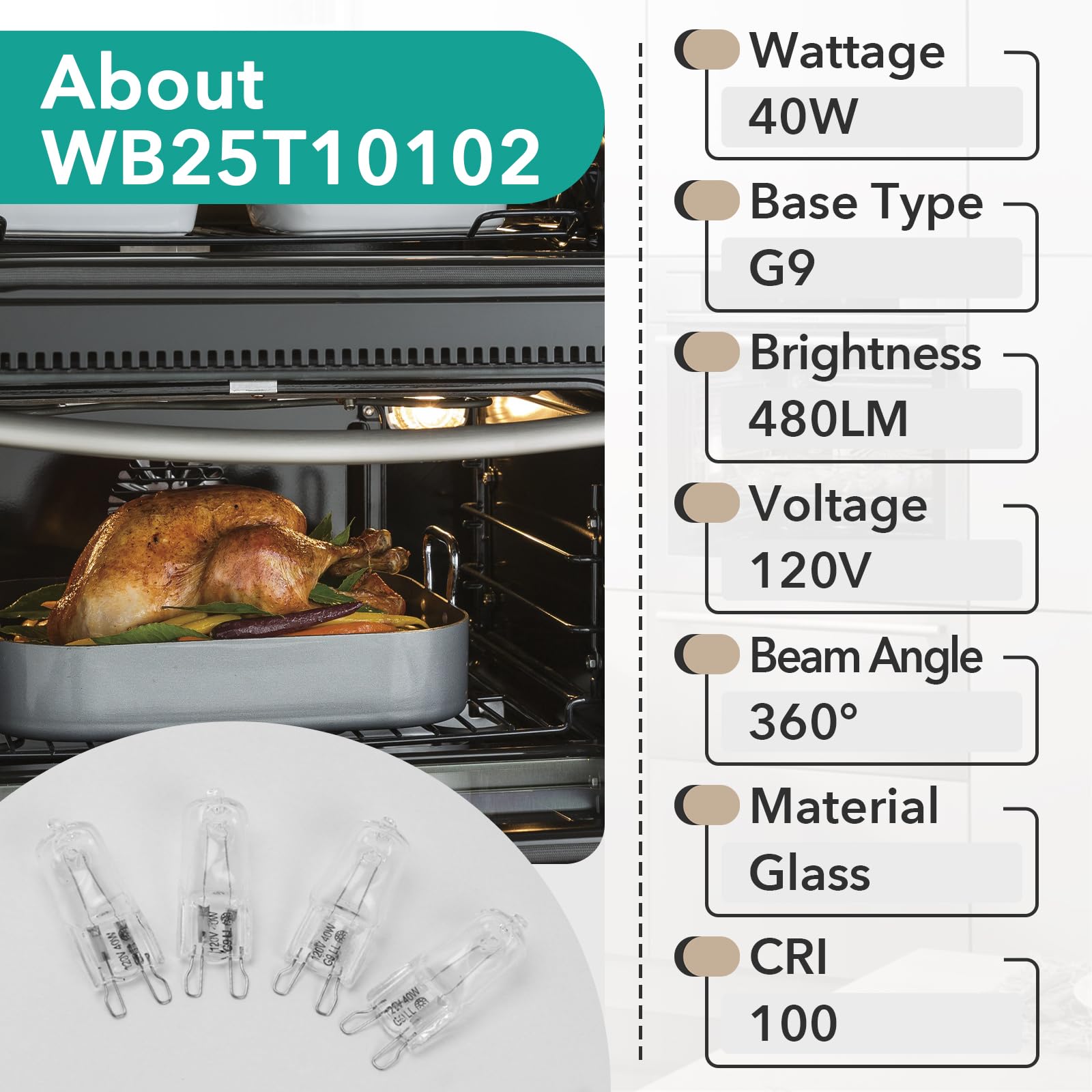 4Pcs Wb25T10102 Lamp Halogen Bulb - G9 Bulb 40W 120V (Replaces 318946400, 3025992, Wb08T10045) - Oven Light Bulbs Compatible Wit
