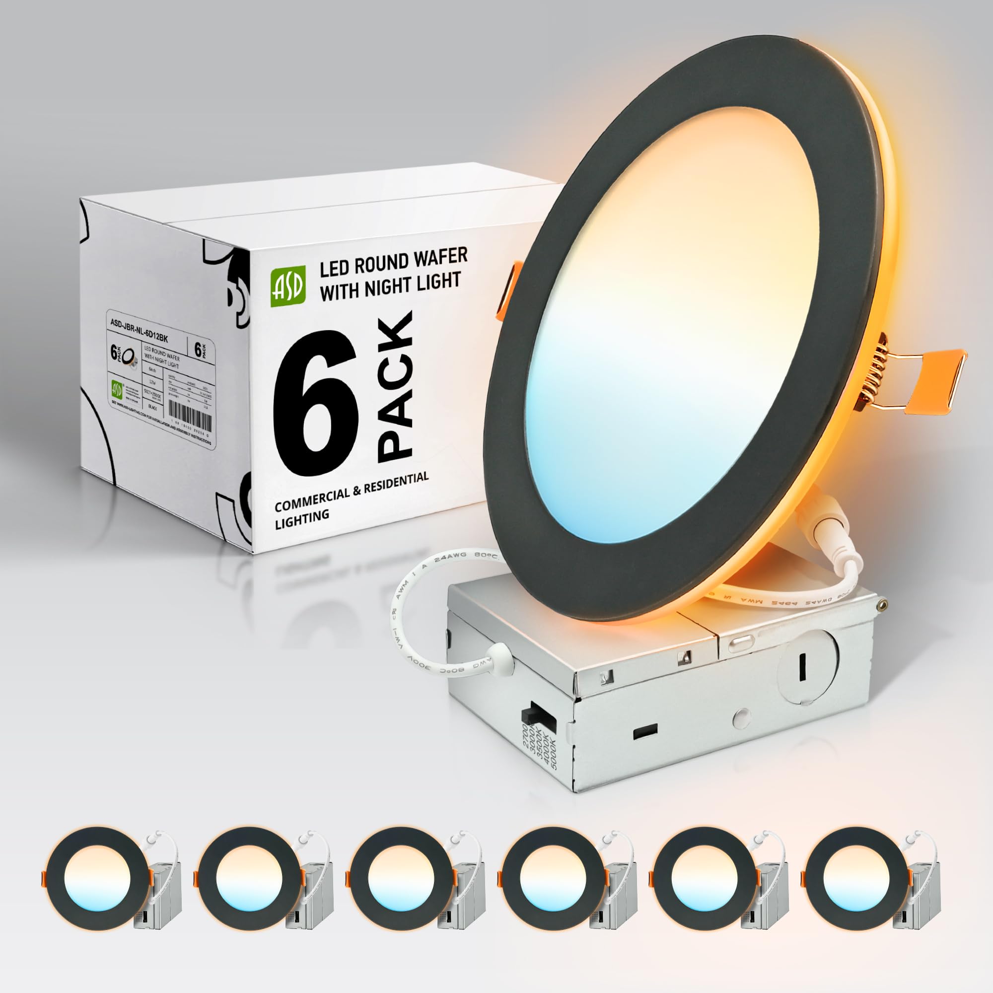 ASD 6 Pack 6 Inch LED Recessed Light with Night Light 12W, 5CCT 2700K-5000K 1071LM CRI90+, IC Rated Dimmable Ceiling Lights, Can