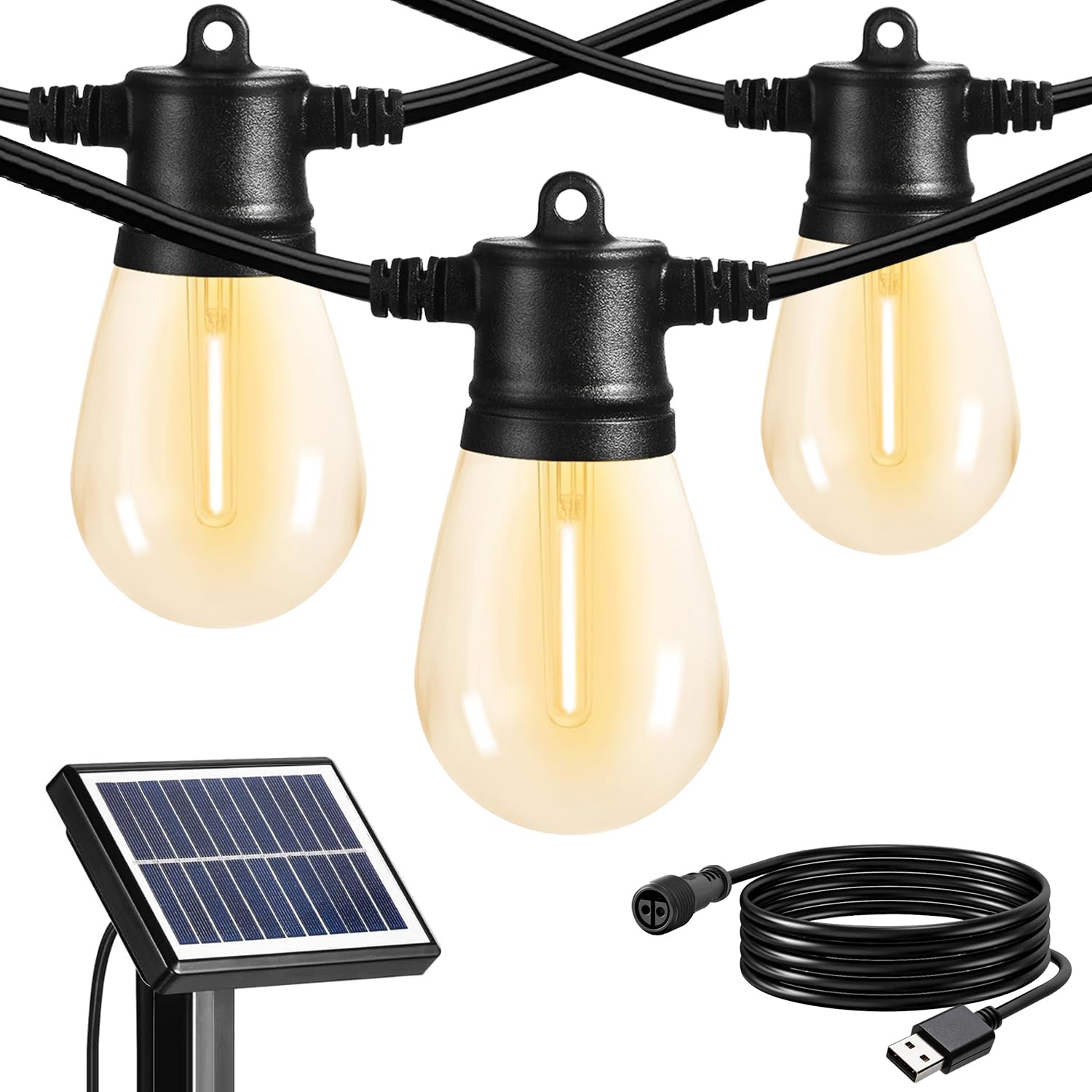 SUNTHIN Solar String Lights, 48ft Waterproof Black Outdoor Patio Lights, Shatterproof Solar Bulbs for Garden, Pool, Party, Camping