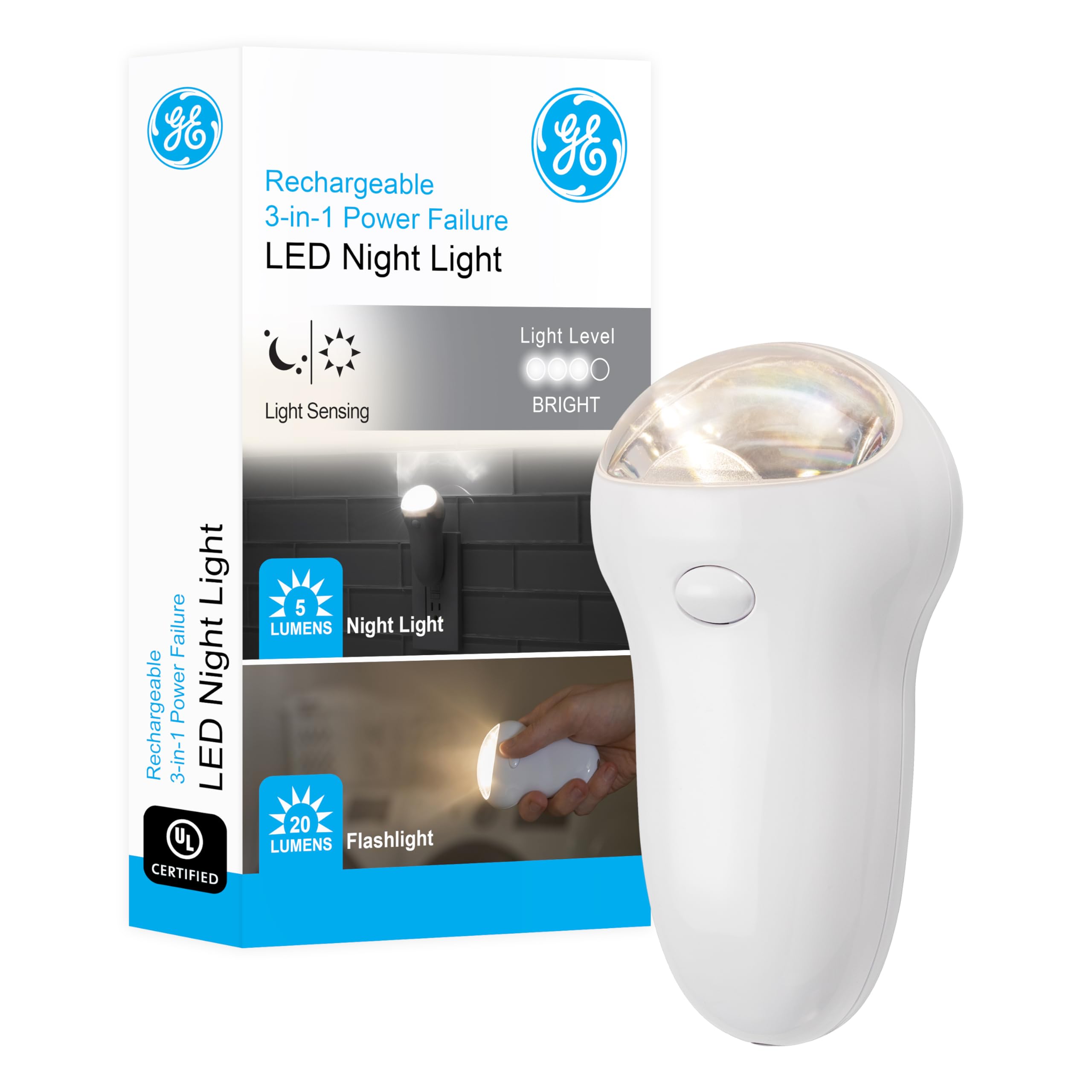 GE 3-in-1 LED Power Failure Night Light, Emergency Flashlight, Plug-In, Rechargeable, Light Sensing, Auto On/Off, Foldable Plug,