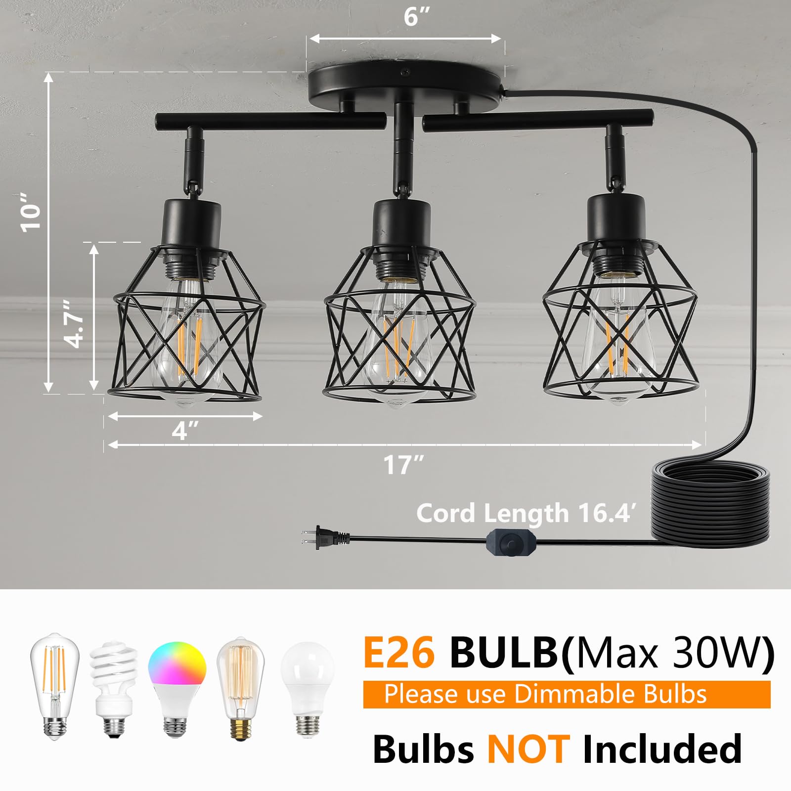 vivihobb Dimmable Plug in Track Lighting Kit, 3 Light Metal Ceiling Light, Black, Modern Industrial Style, 16.5' Cord
