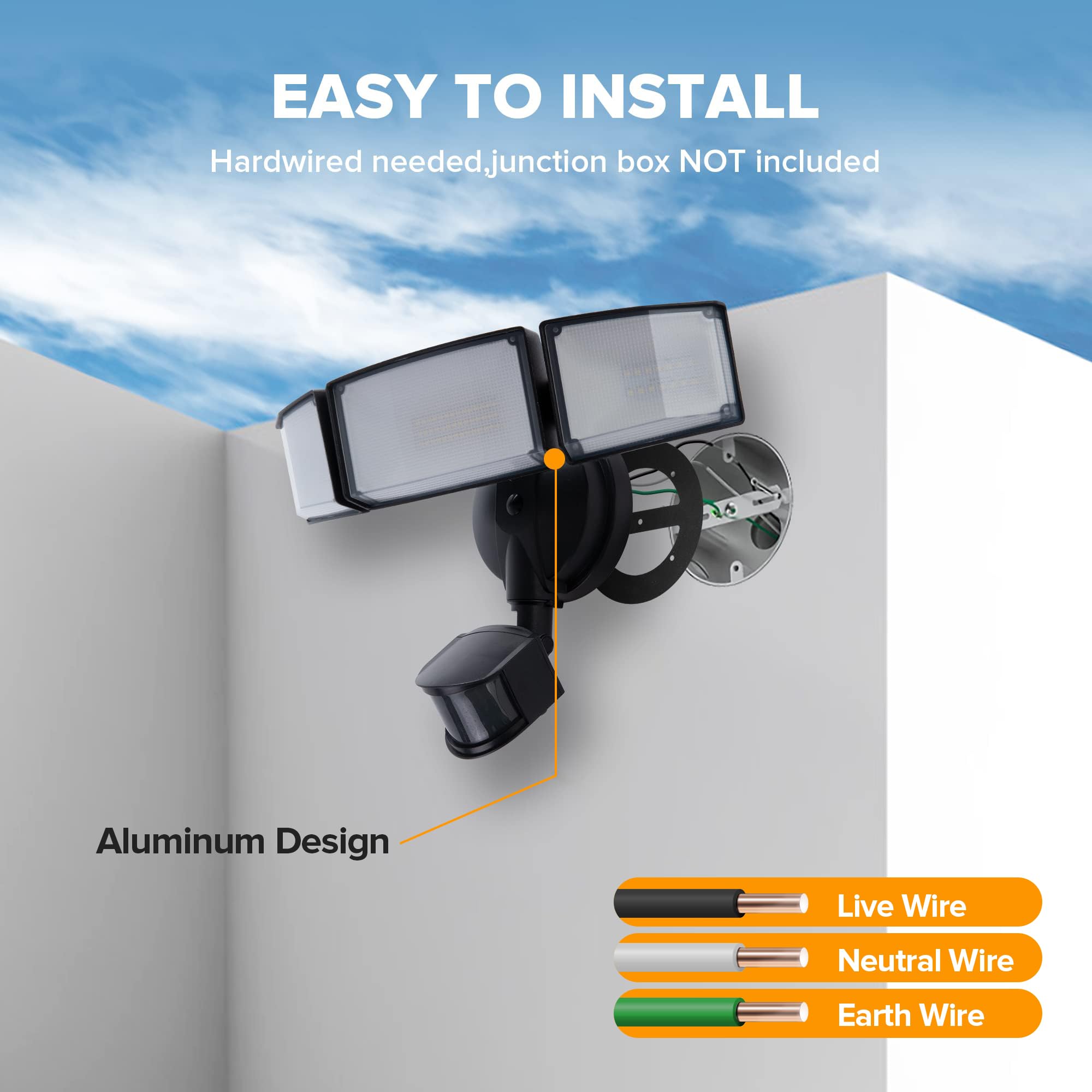 Lutec 72W Led Security Light, 6300Lm Motion Sensor, Ip65 Waterproof, 5000K Daylight, Black-3 Head, Ideal For Garage, Yard, Porch