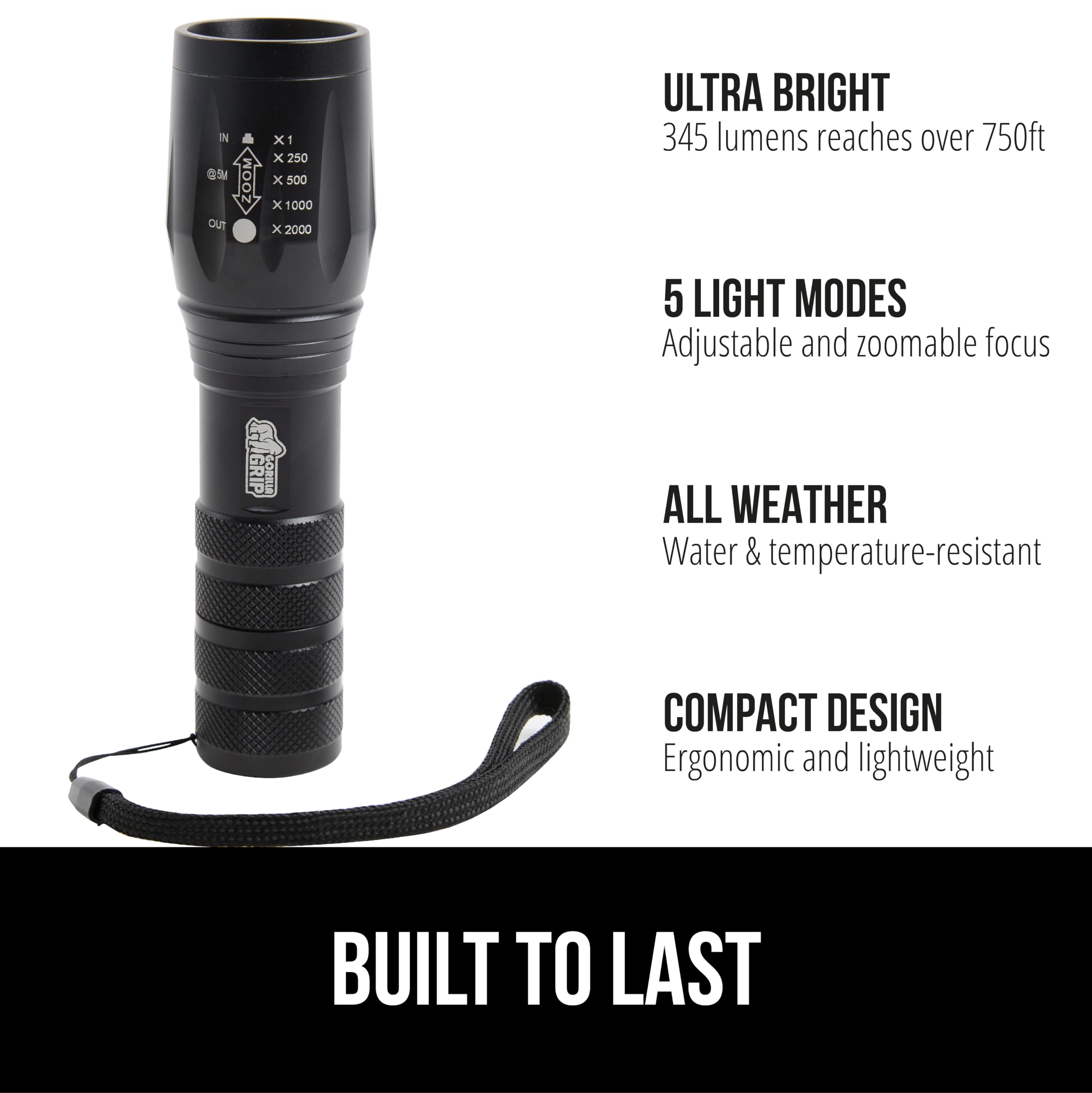 Gorilla Grip LED Tactical Handheld Flashlight, 750 FT Zoom, Ultra Bright, Water Resistant, Black, Model 840029670880
