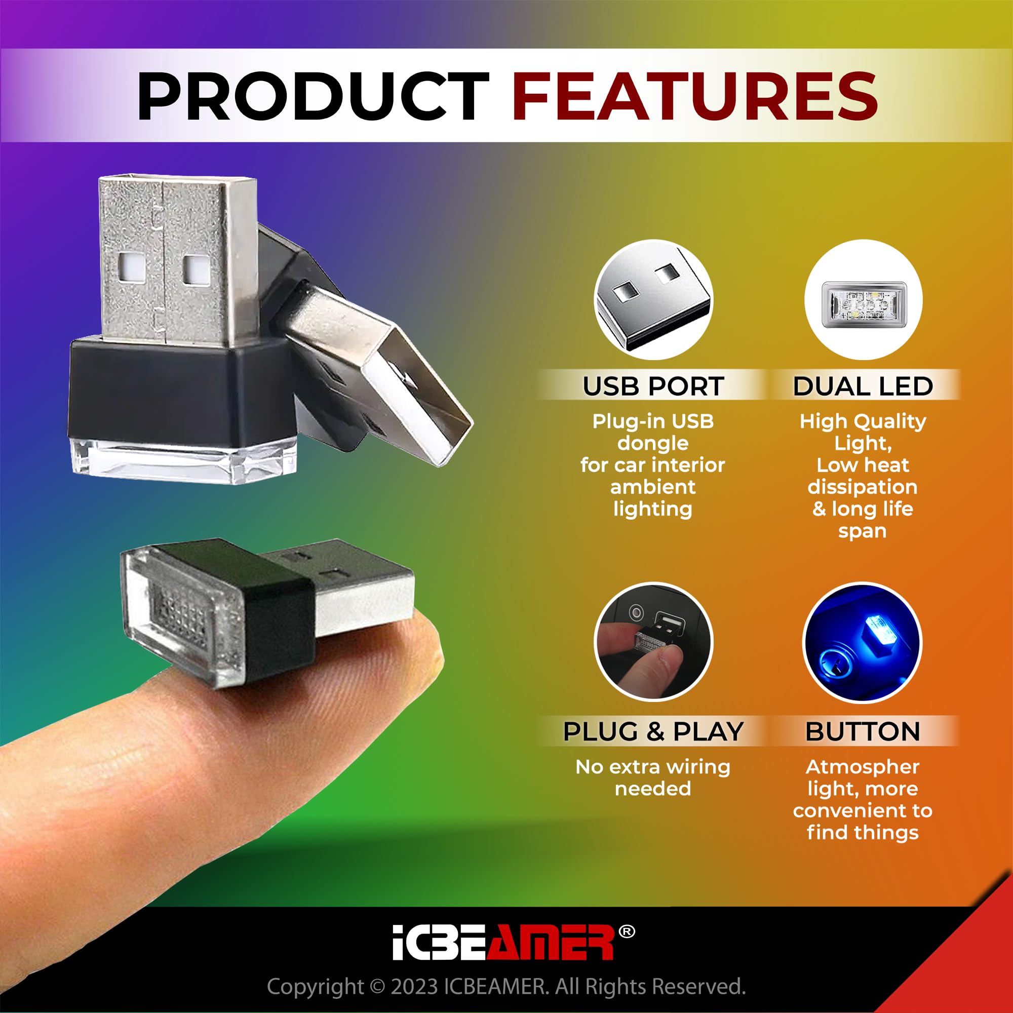 Icbeamer 2-Pack Usb Type-A Led Night Light, Color: Blue | Plug-In Universal Fit Automotive Accessories For Car Interior And Trunk Ambient Atmosphere Lighting