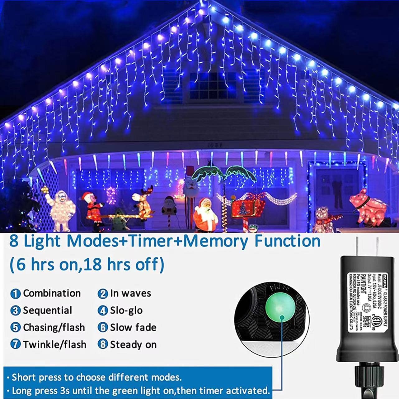 YEGUO 400 LED Blue Icicle Lights, 33ft Connectable Waterproof String Lights, 8 Modes, Model JT-EL/FC300V0200-C