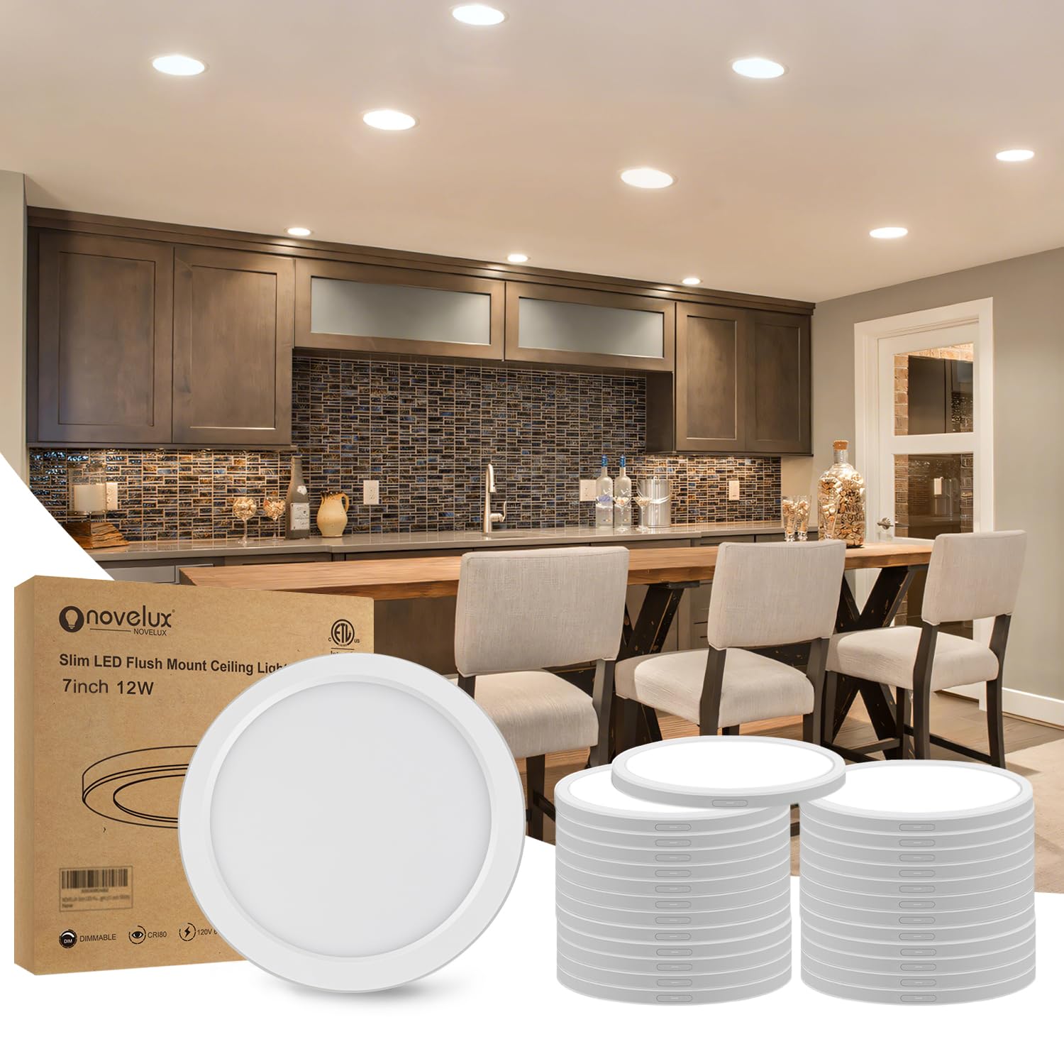 Novelux Etl Listed 7 Inch Small Led Flush Mount Light Dimmable,5000K Daylight Ultra Slim Round Flat Panel Ceiling Light Fixture,